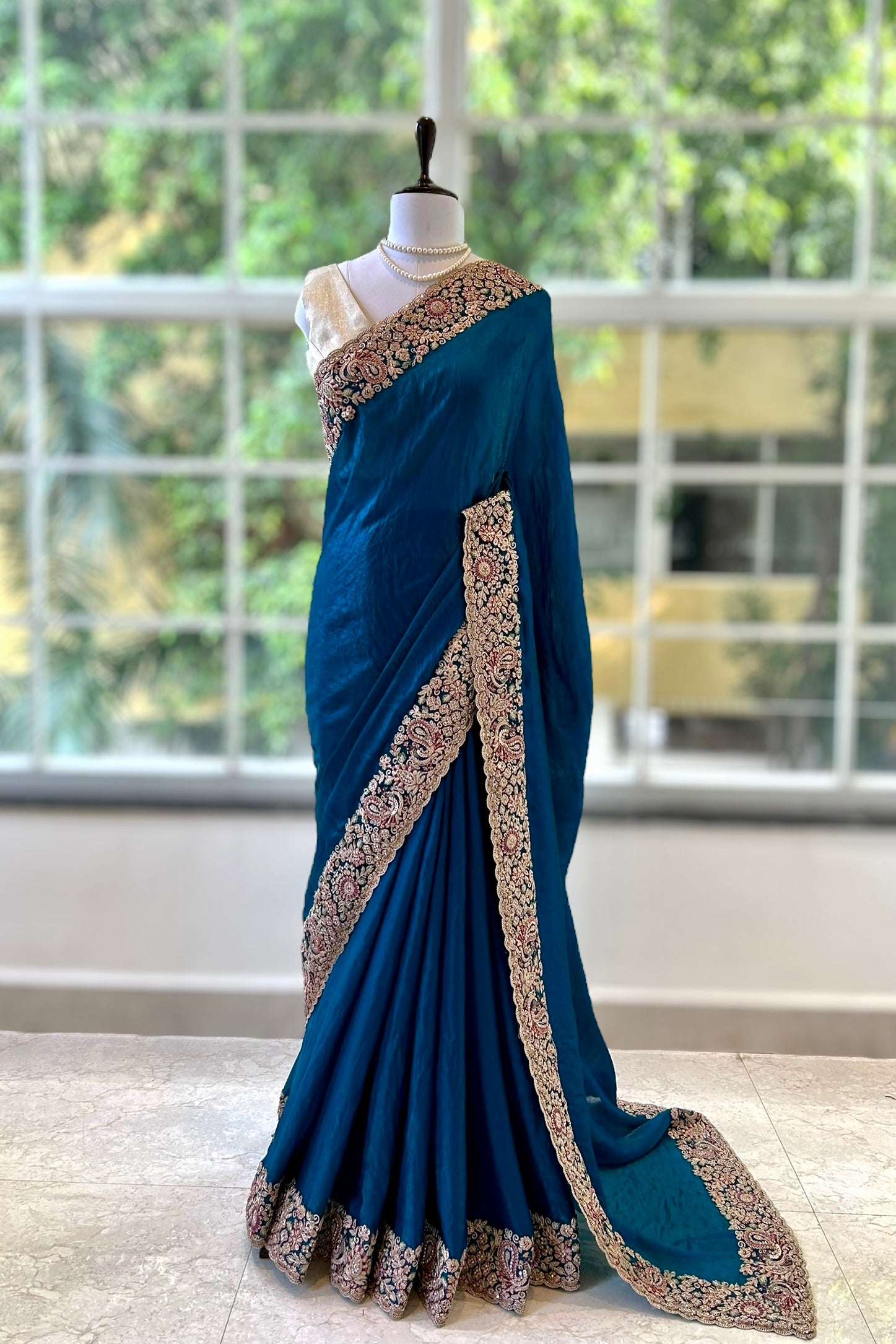 Crushed organza work saree