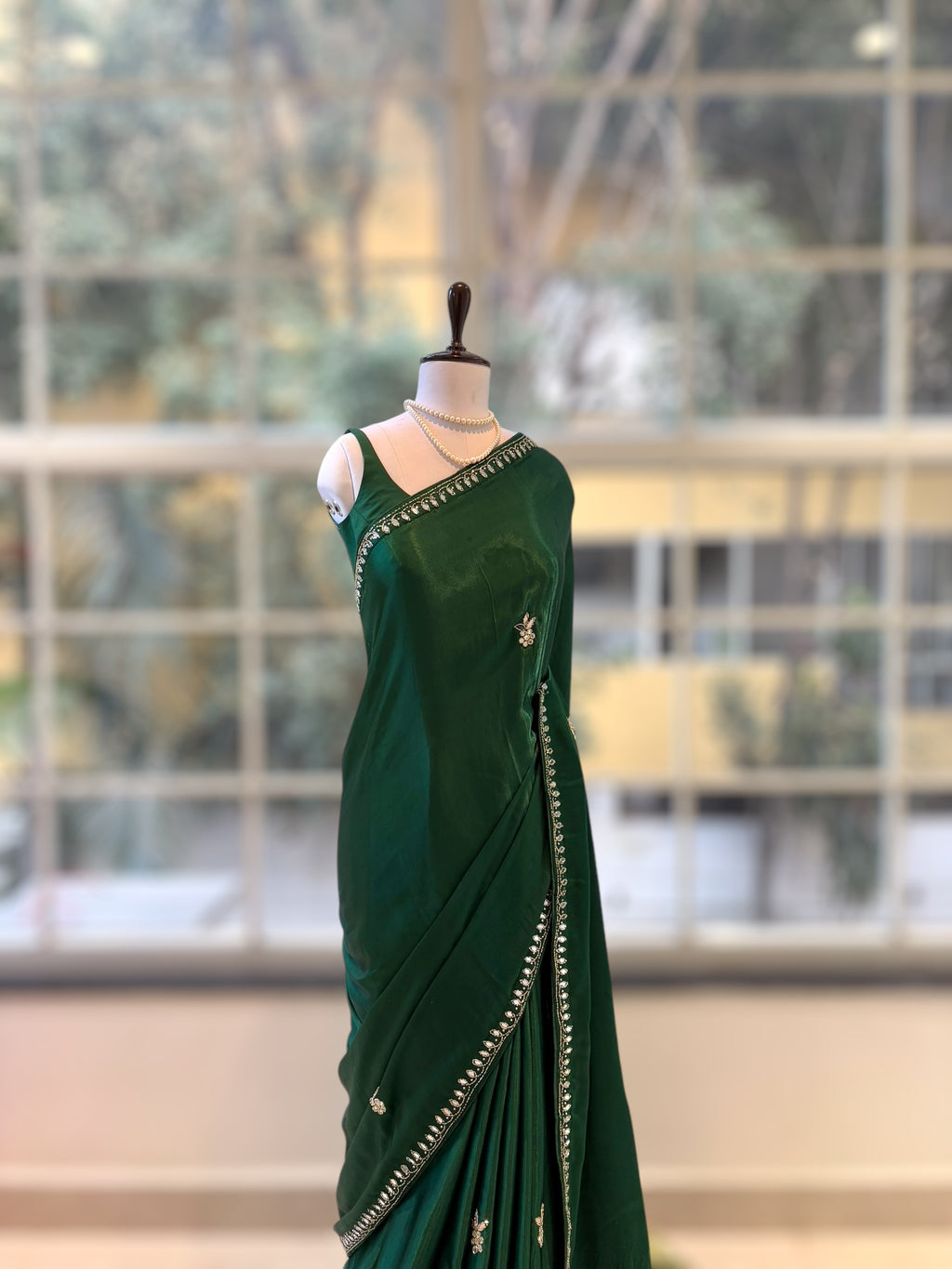 Modal satin mirror work saree - Bottle green