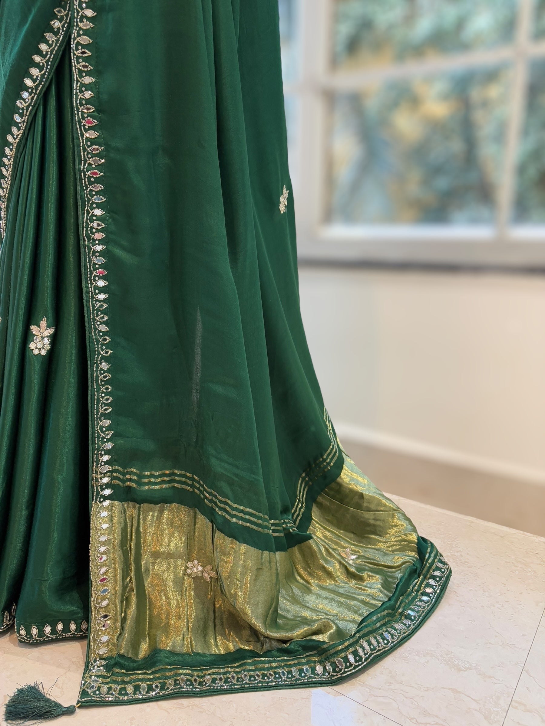 Modal satin mirror work saree - Bottle green