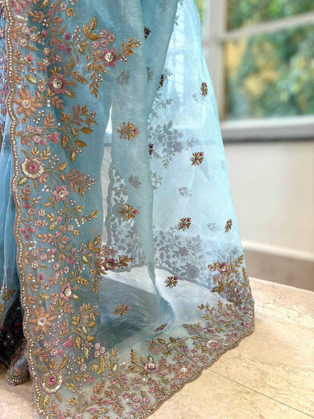 Blue Organza Embellished Saree