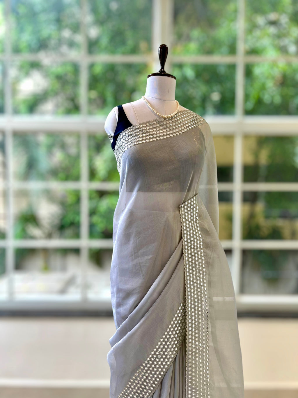 Grey mirror work organza saree