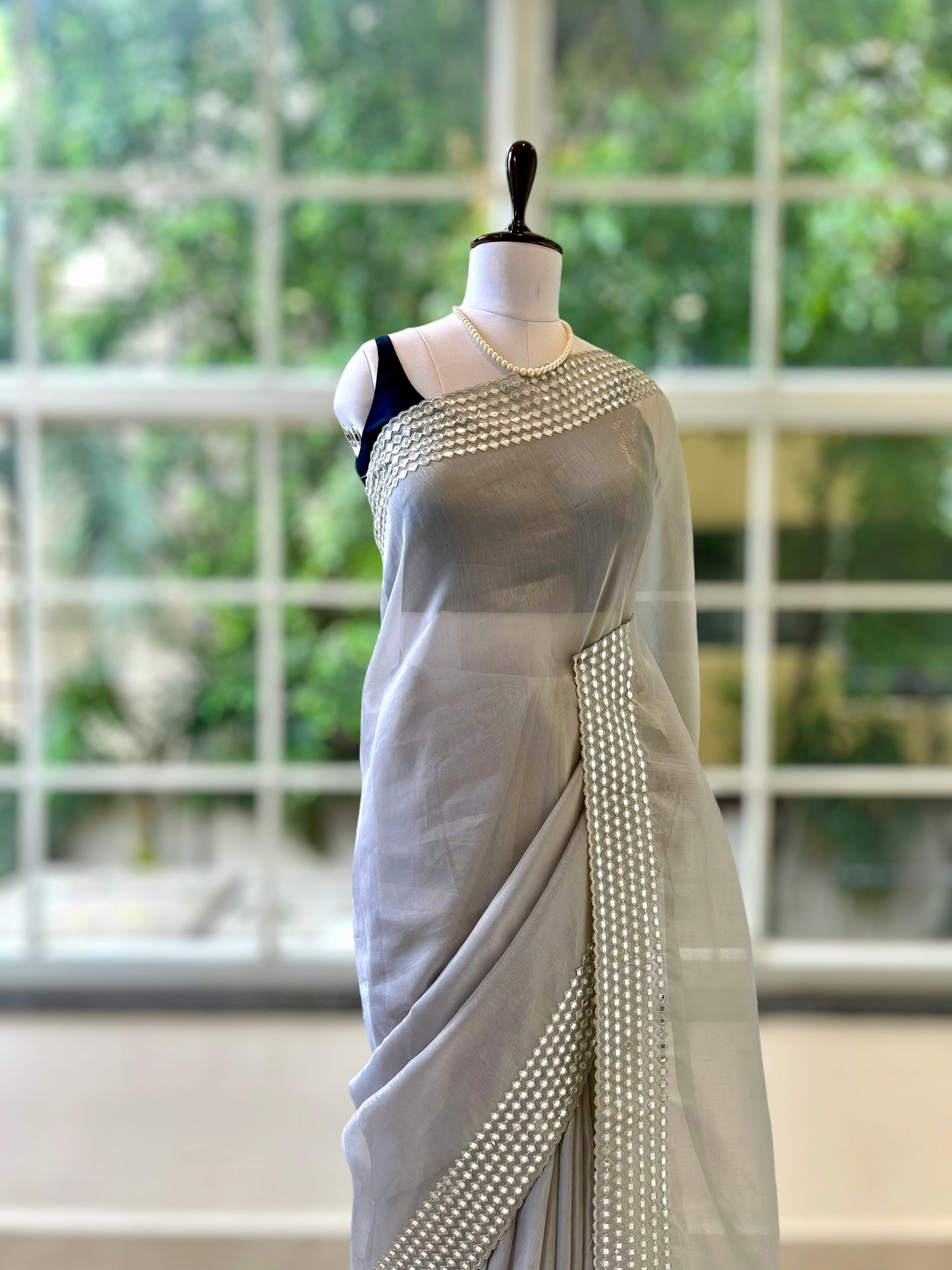 Grey mirror work organza saree