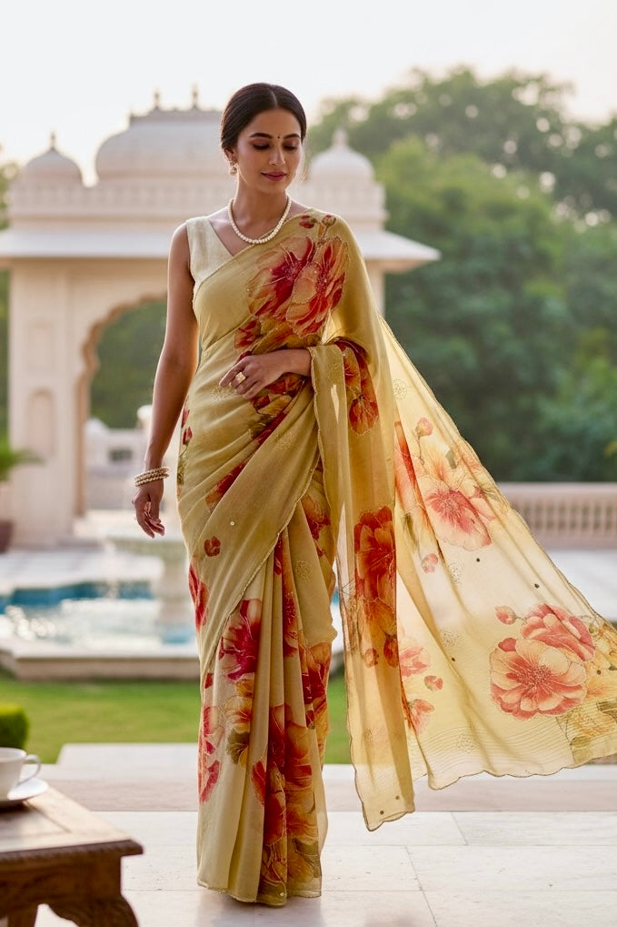 Floral chiffon embellished saree - Golden
