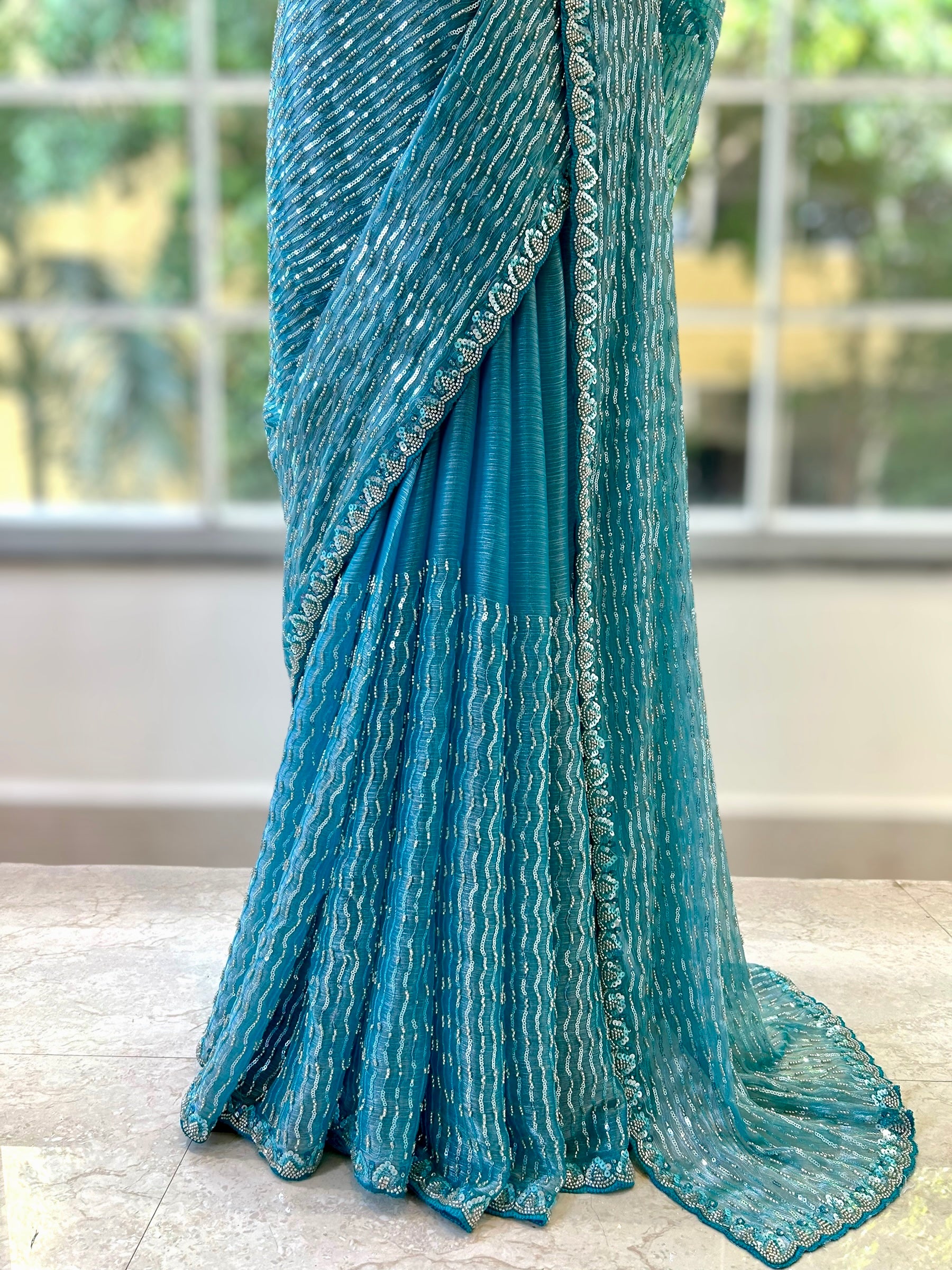 Shimmer Chiffon Embellished Saree - Blue