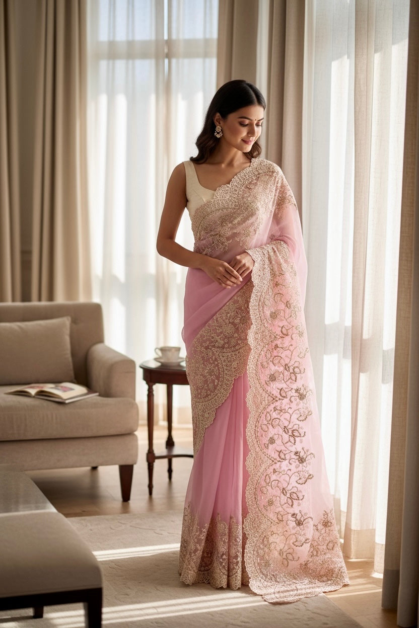 Organza zariwork saree - Pink