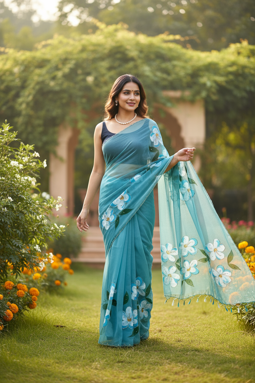 Hand-painted floral saree - Sky Blue