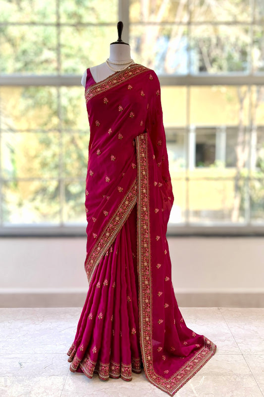 Embroidered satin saree - Fuchsia Pink