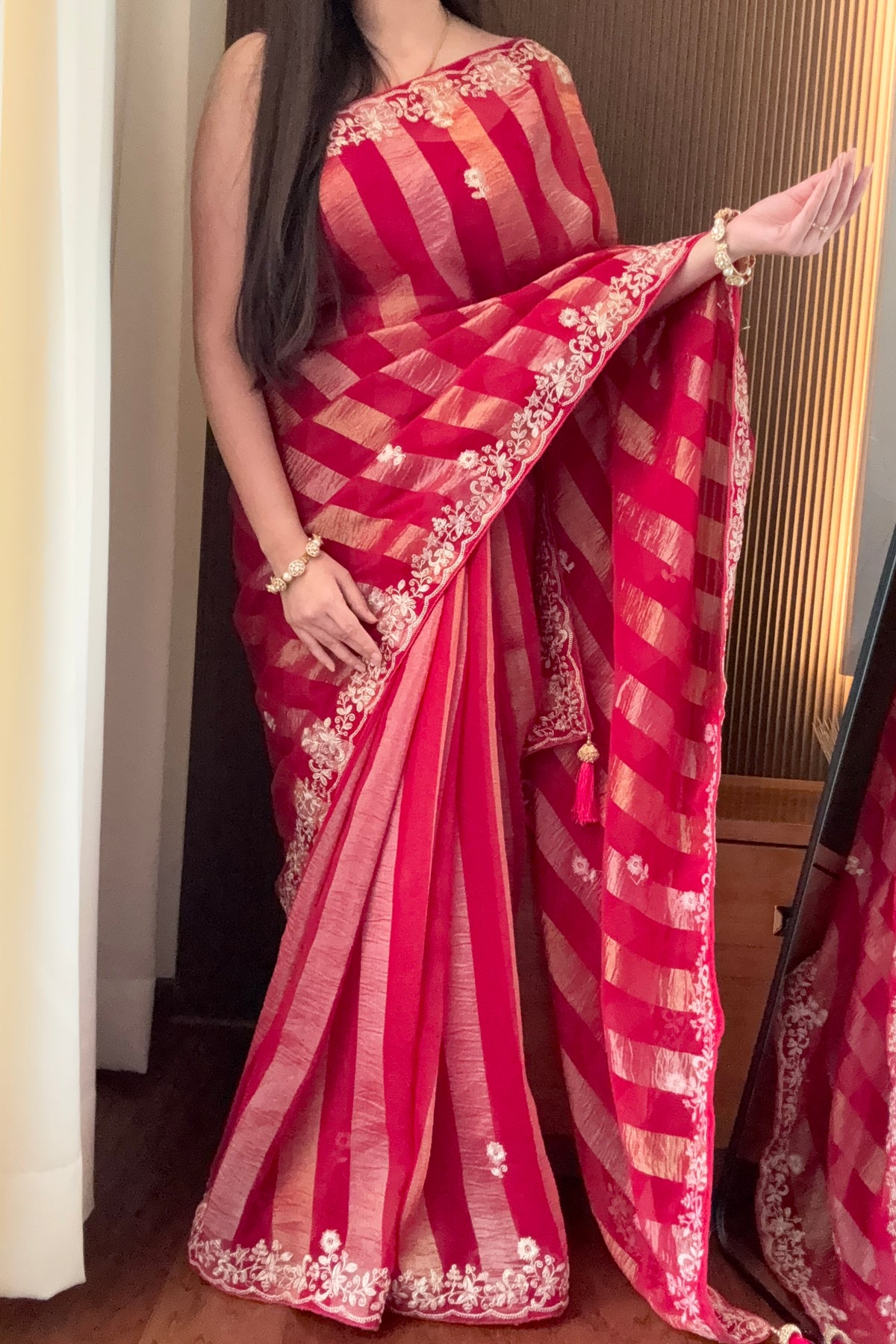 Red zari stipes aariwork saree