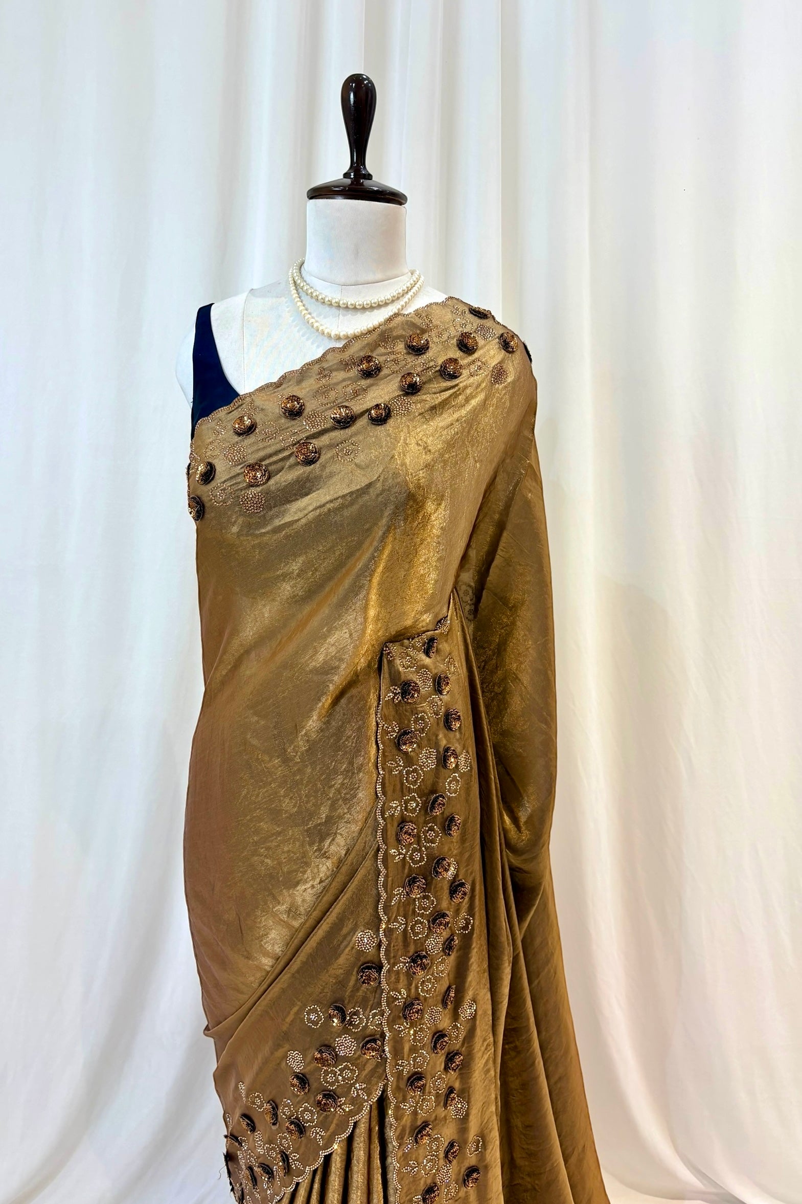 Rose sequins fendy saree - Golden