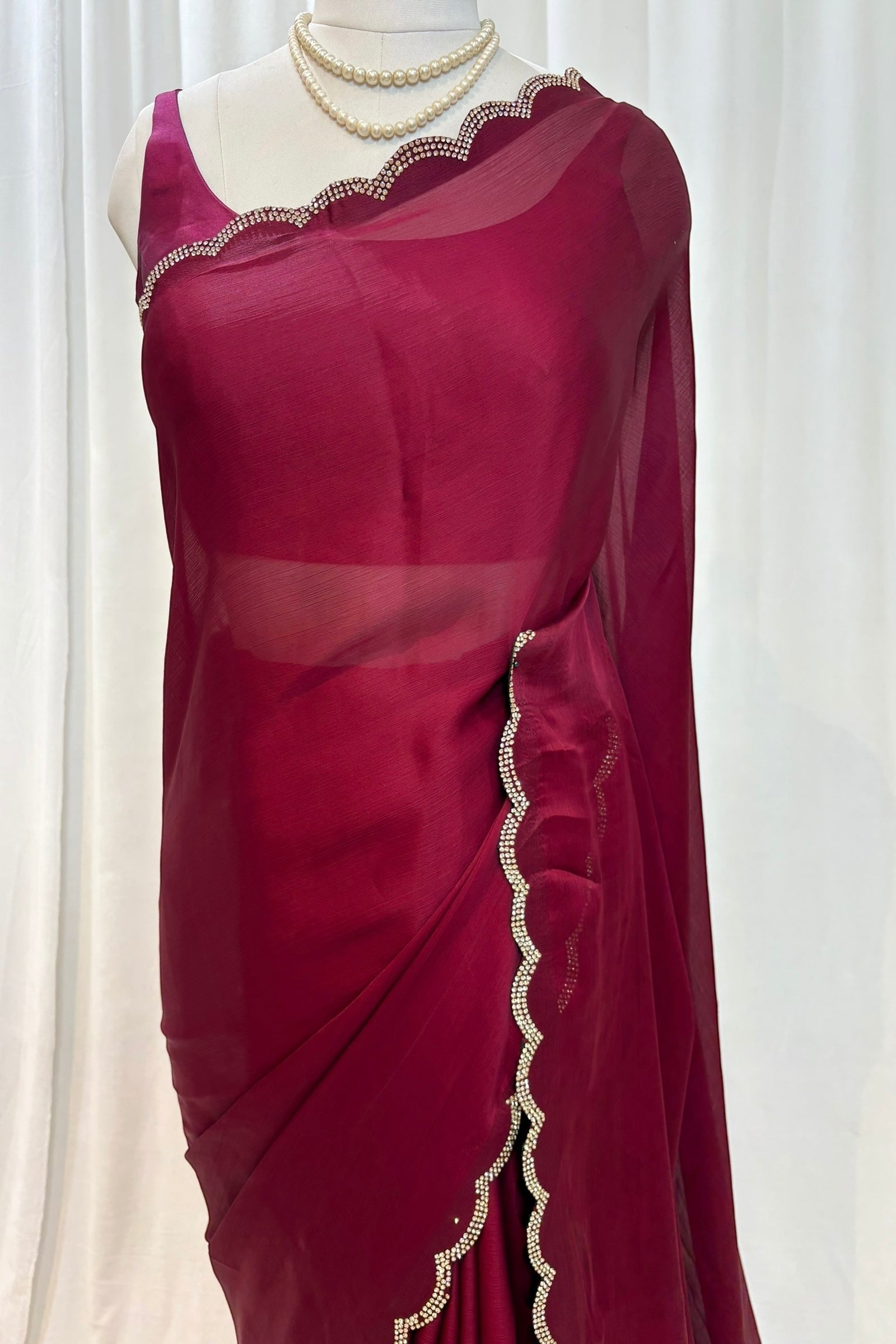 Satin chiffon scallop saree - Wine