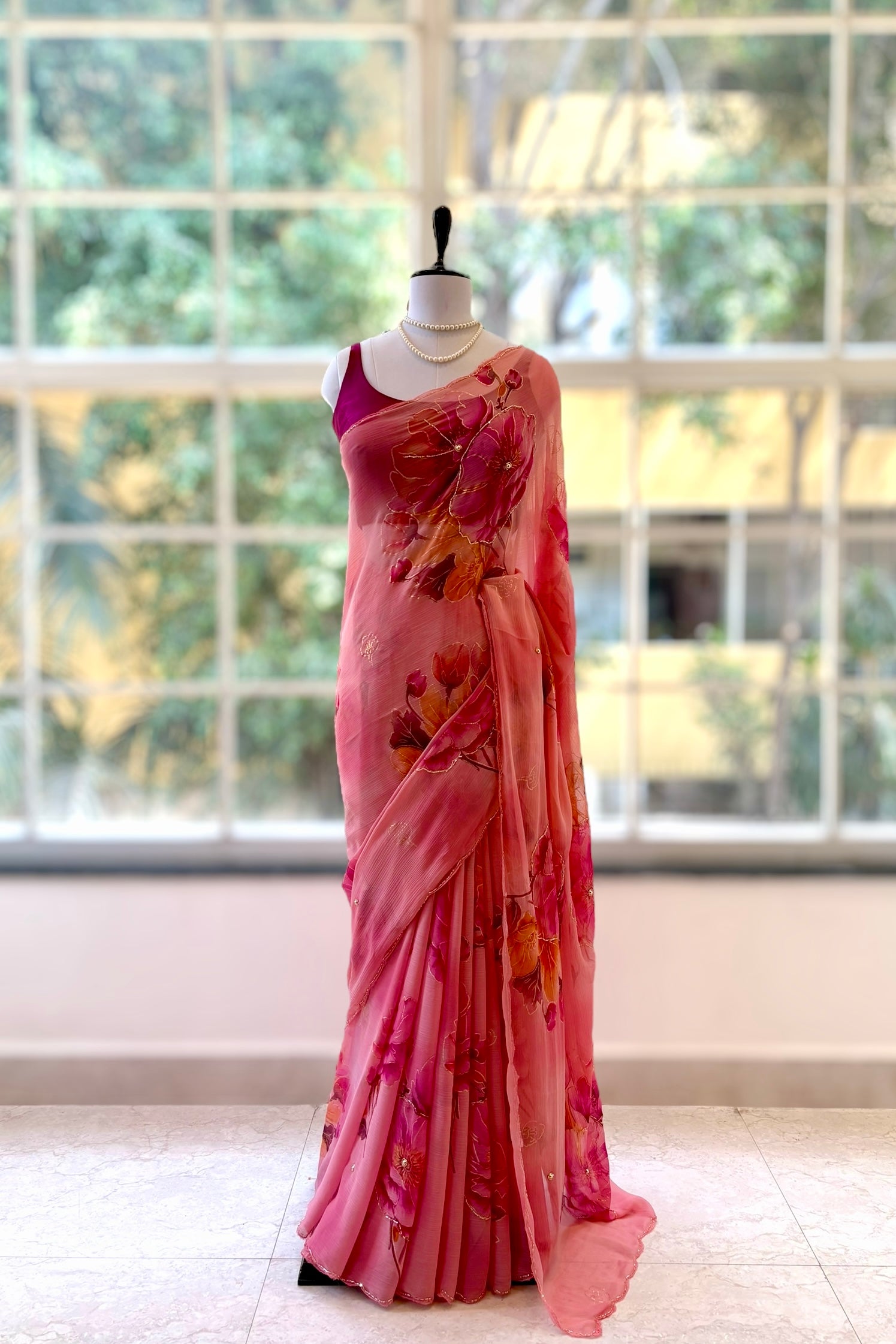 Floral chiffon embellished saree - Pink
