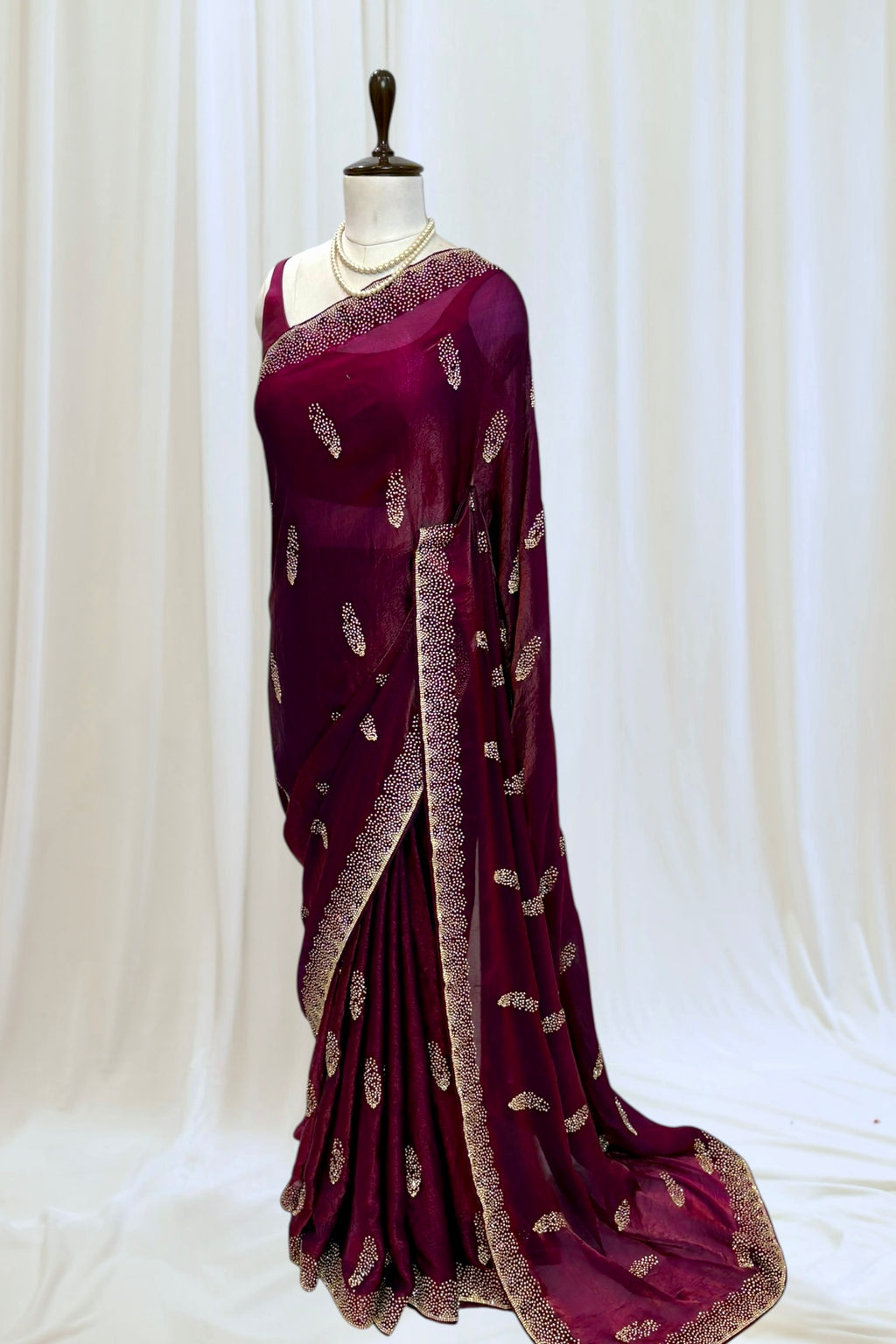 Wine swarovski fendy satin saree