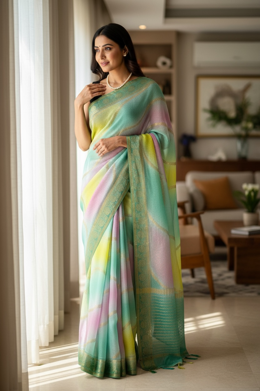Multicolour Chiffon Threadwork Saree - Blue