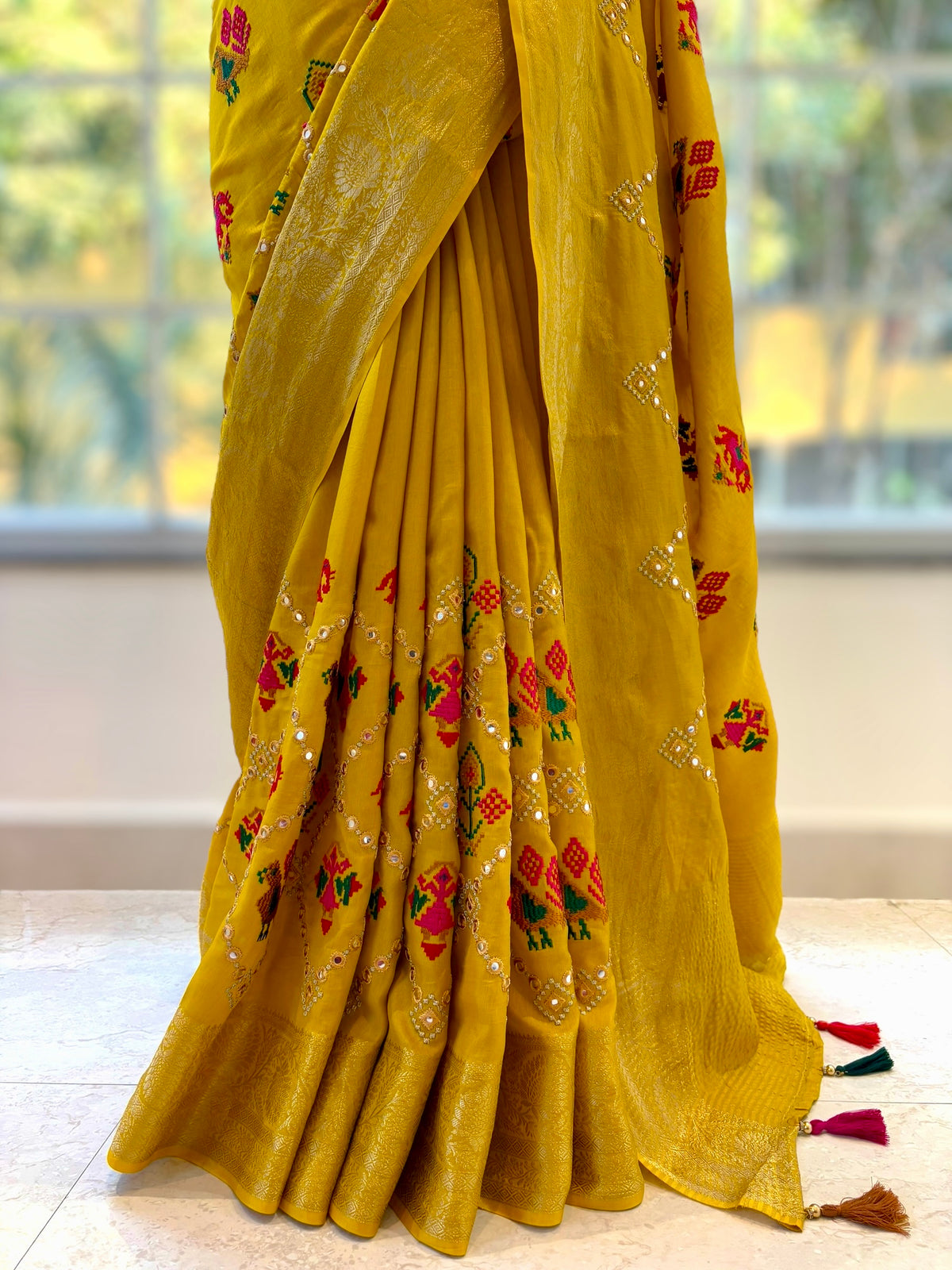 Pure resham patola mirror work saree - Mustard