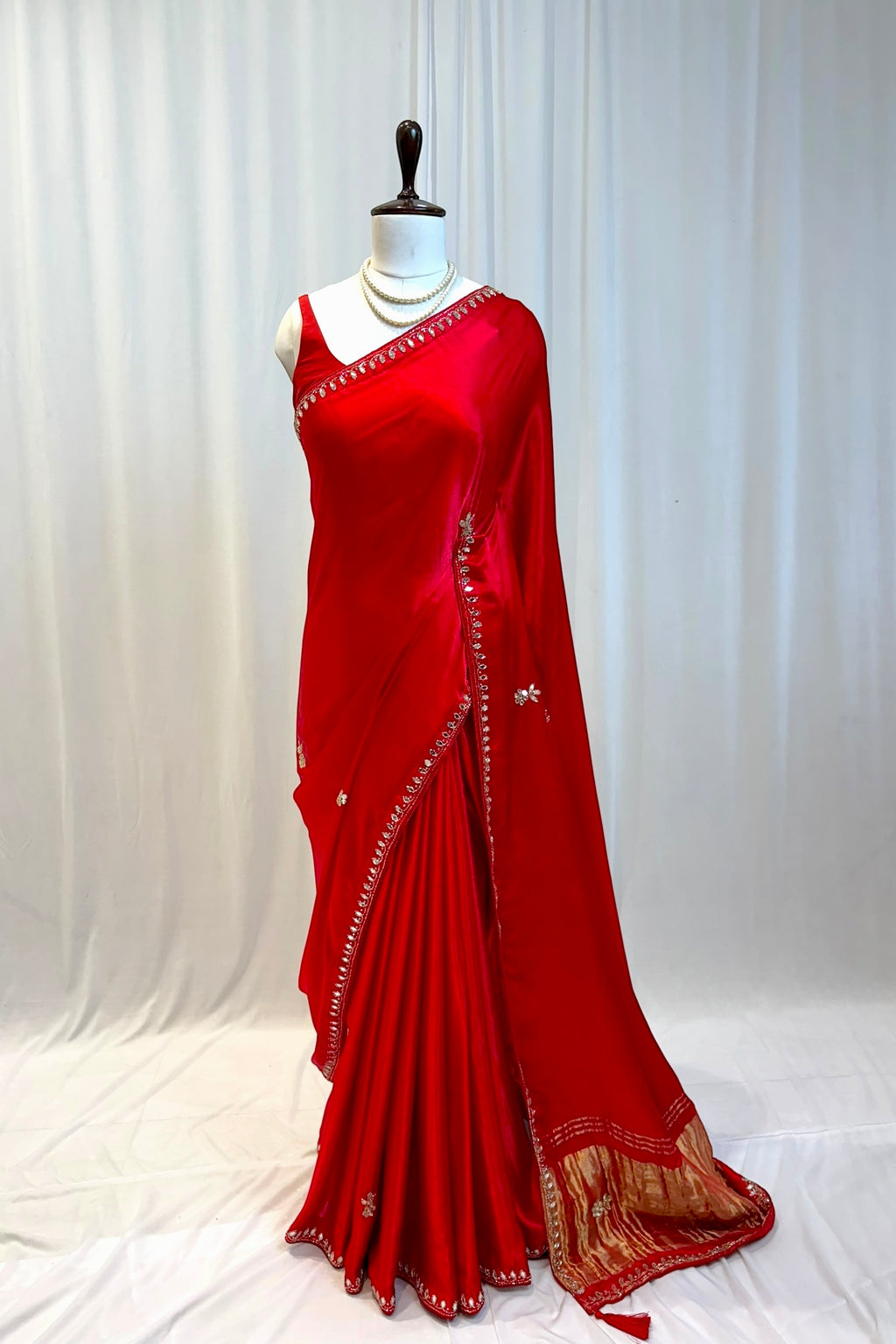 Modal satin mirror work saree - Red