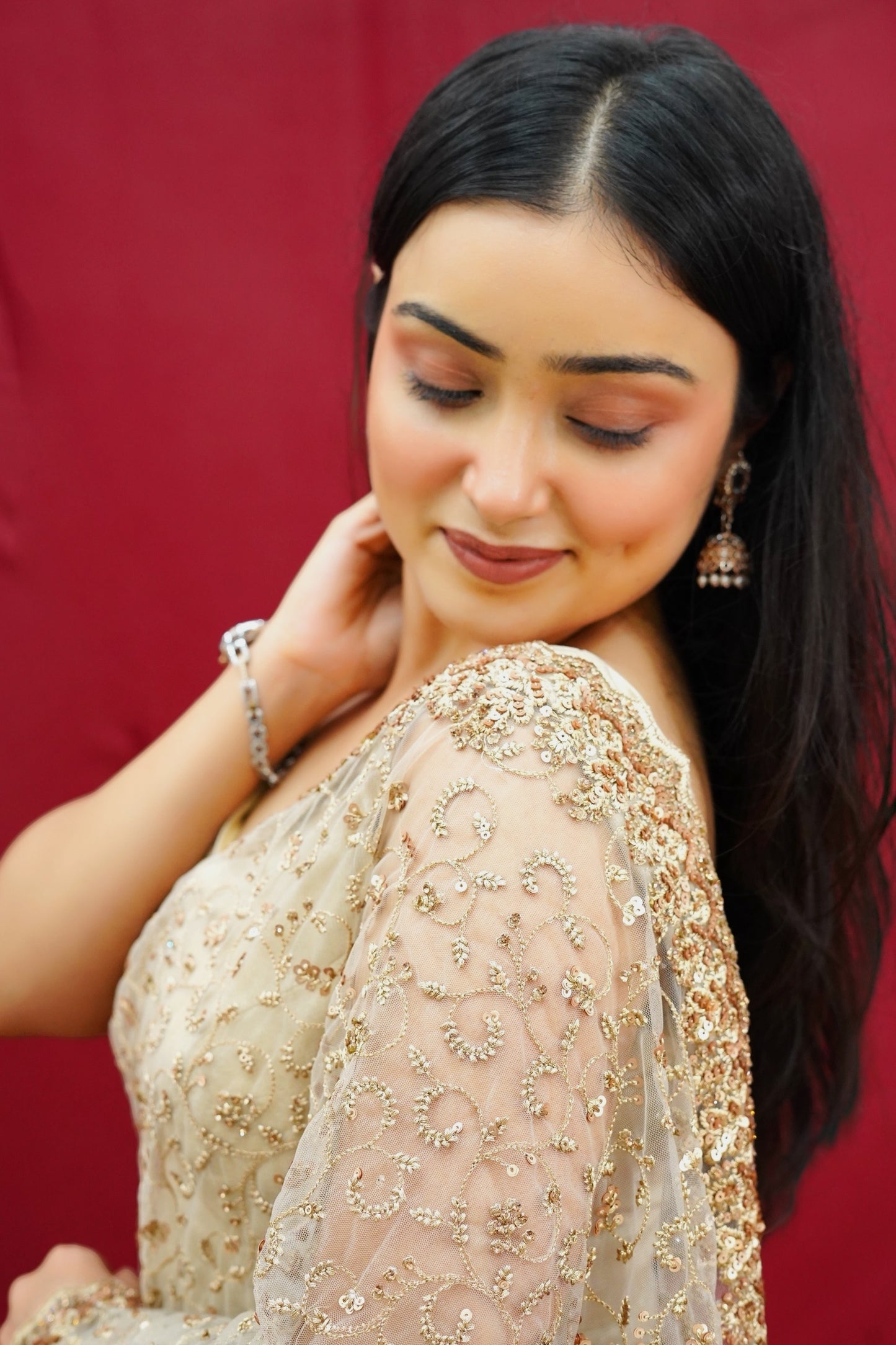 Golden sequins embellished net saree