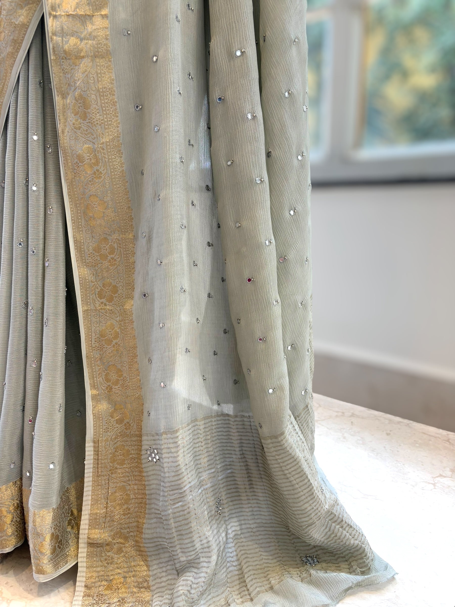 Marble chiffon mirror work saree - Grey