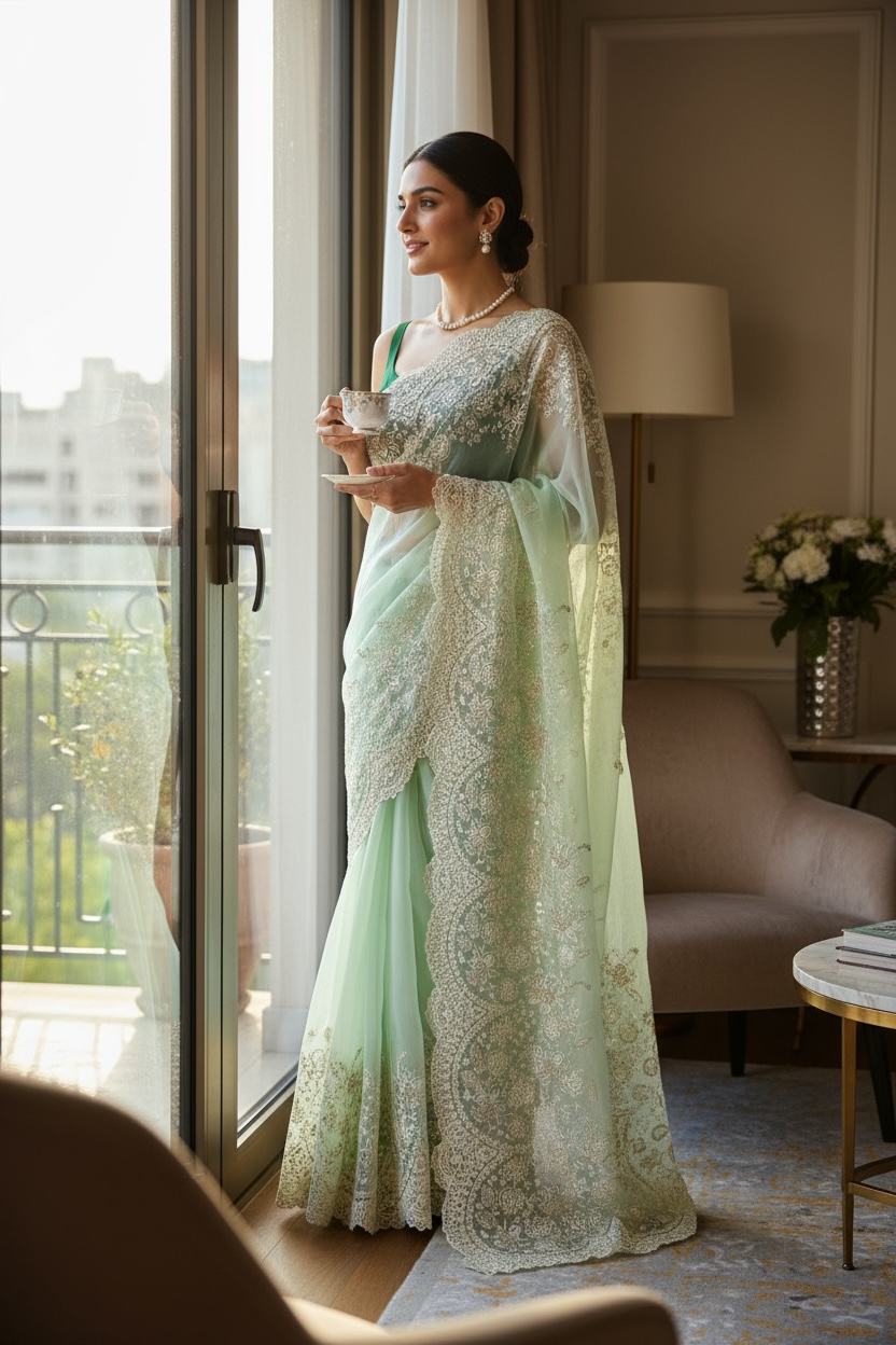 Organza zariwork saree - Green