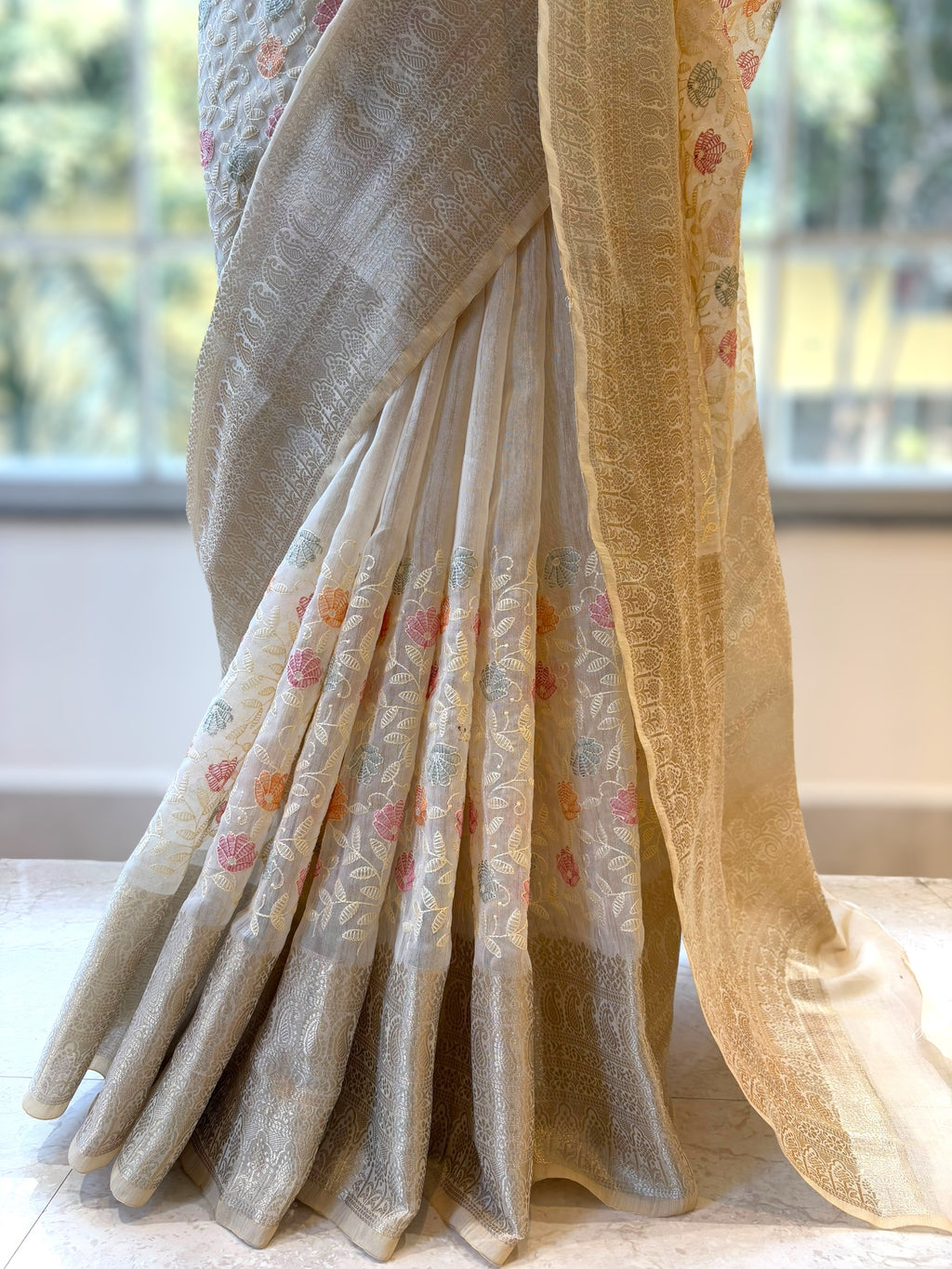 Floral embroidered threadwork saree - Multicolor