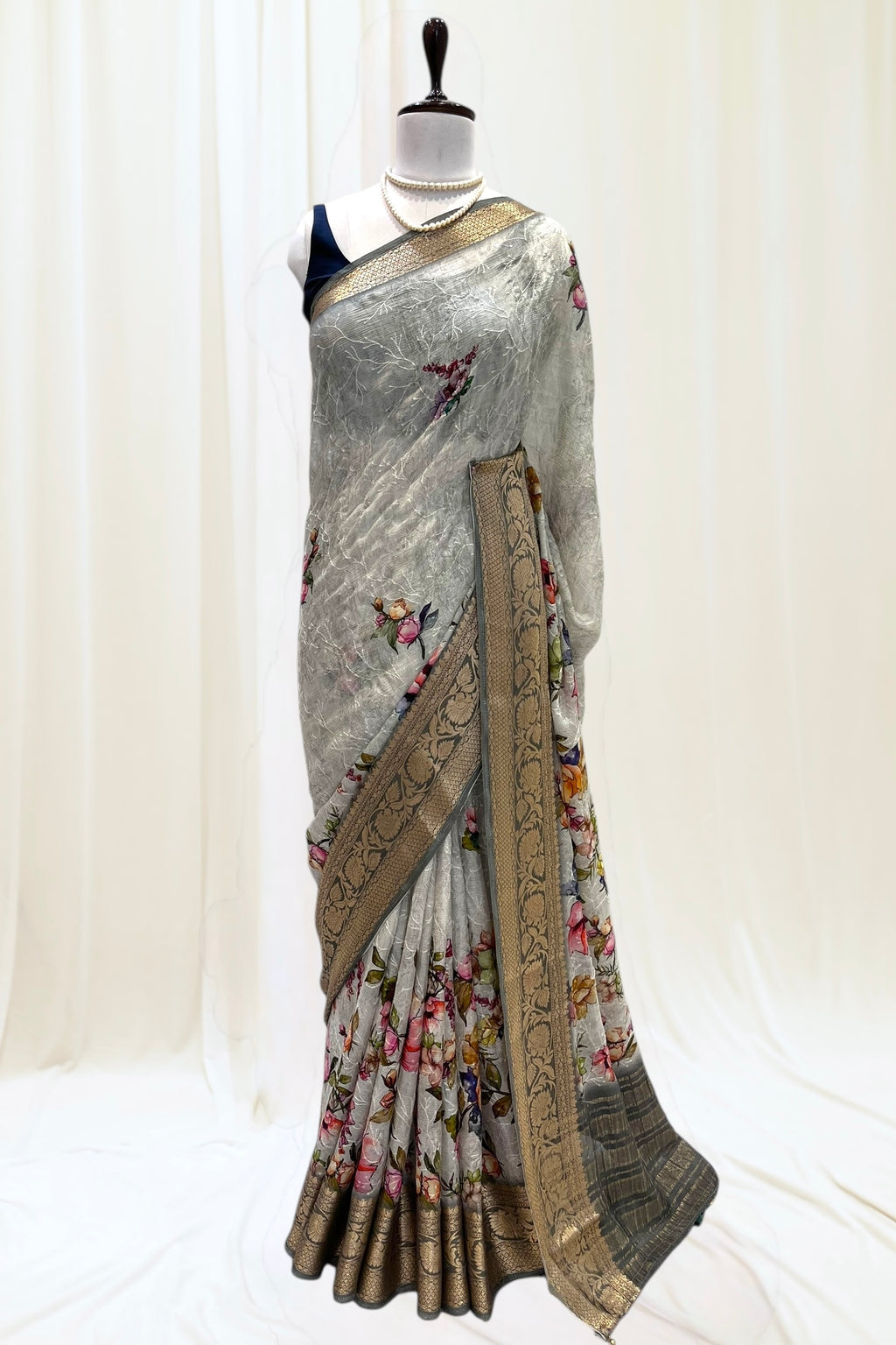 Printed zari chiffon saree