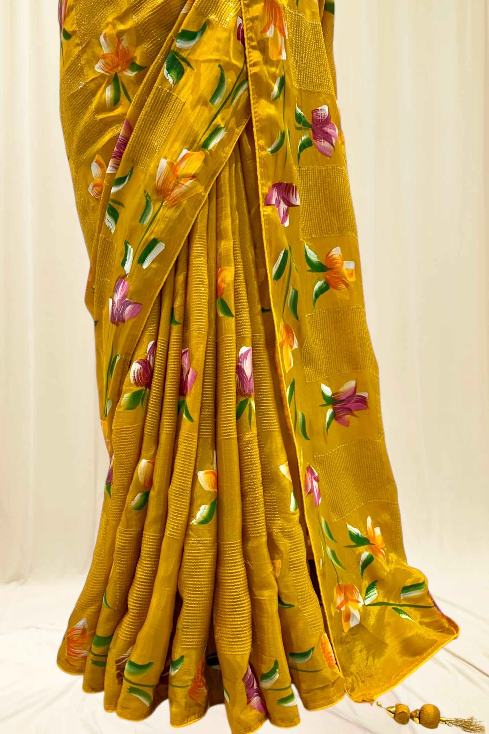 Floral sequins organza saree - Musturd