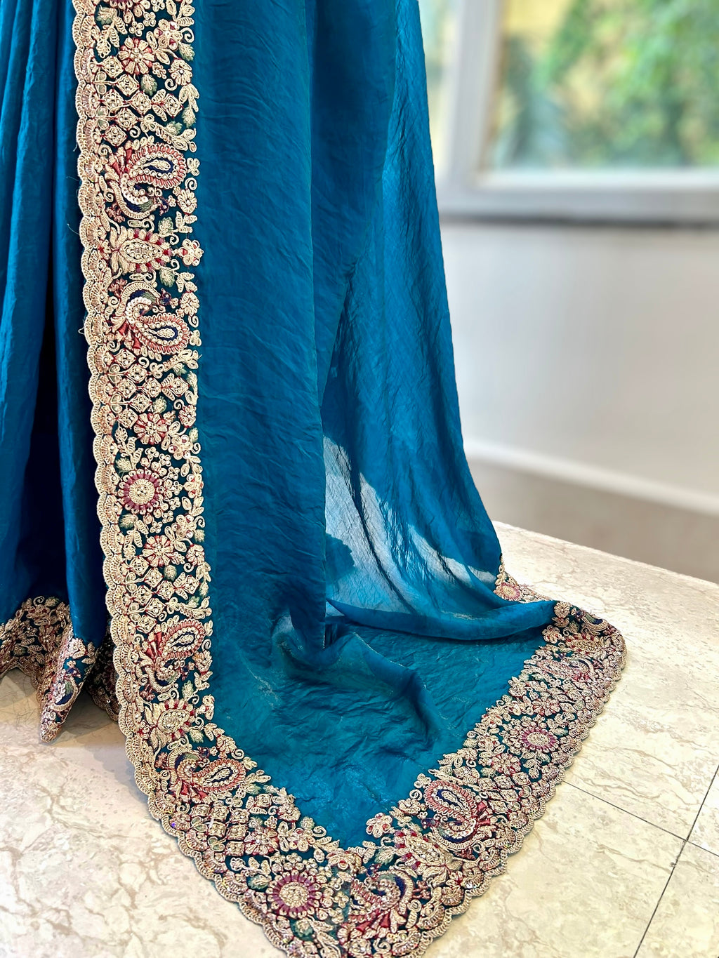 Crushed organza work saree