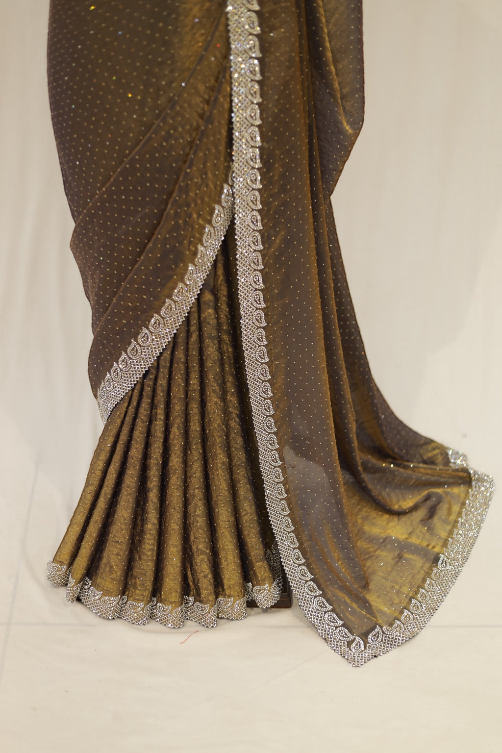 Golden fendy satin shimmer saree