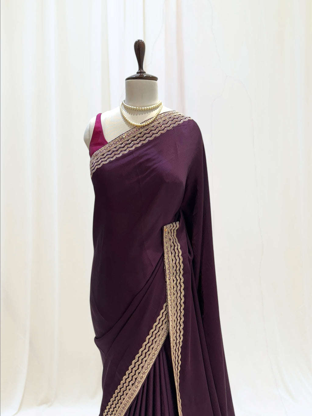 Plain minimalist satin saree - Purple