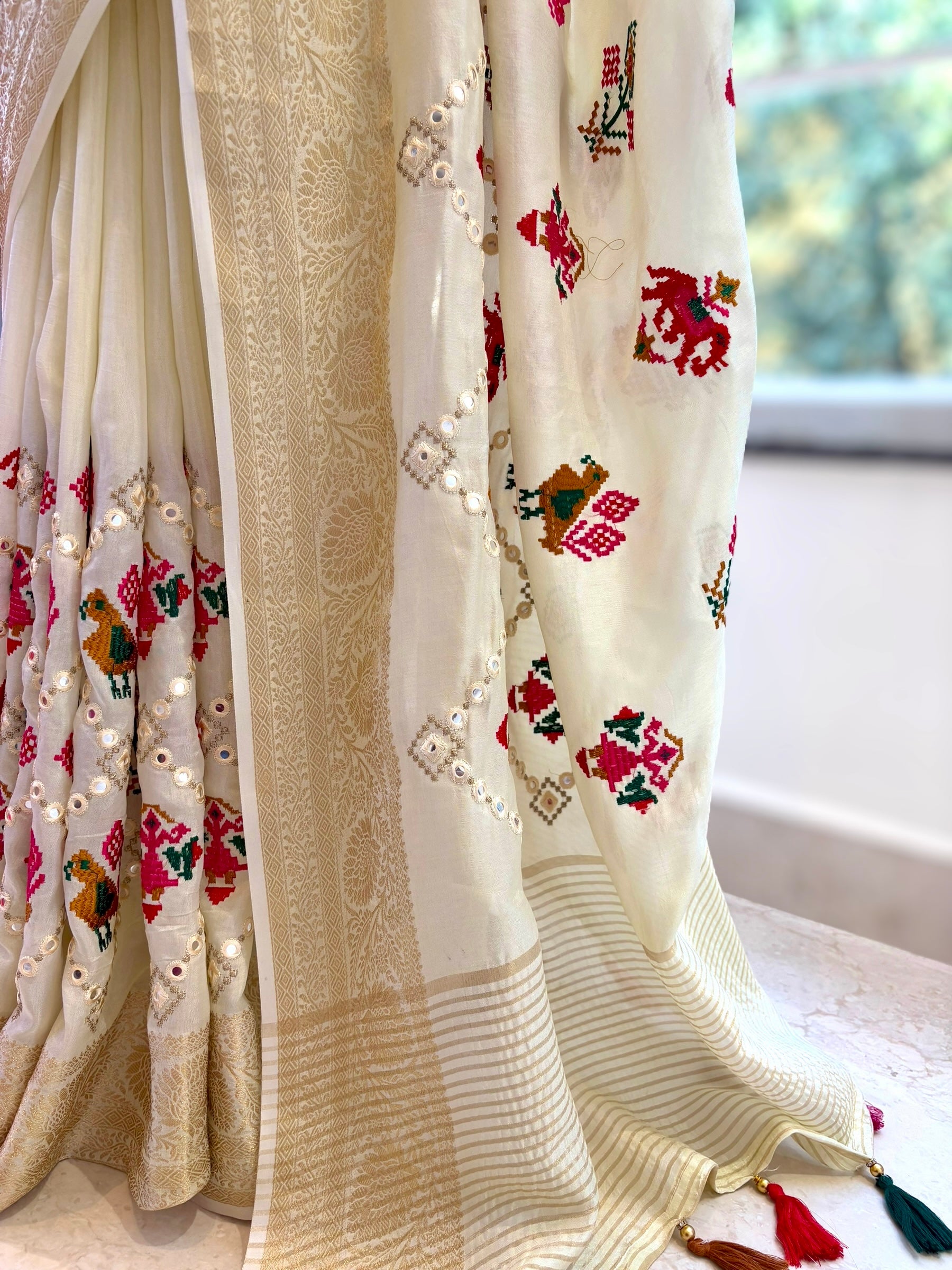 Pure resham patola mirror work saree - White
