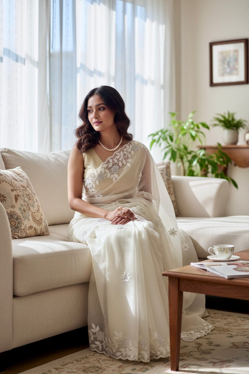 White threadwork embellished scallop saree