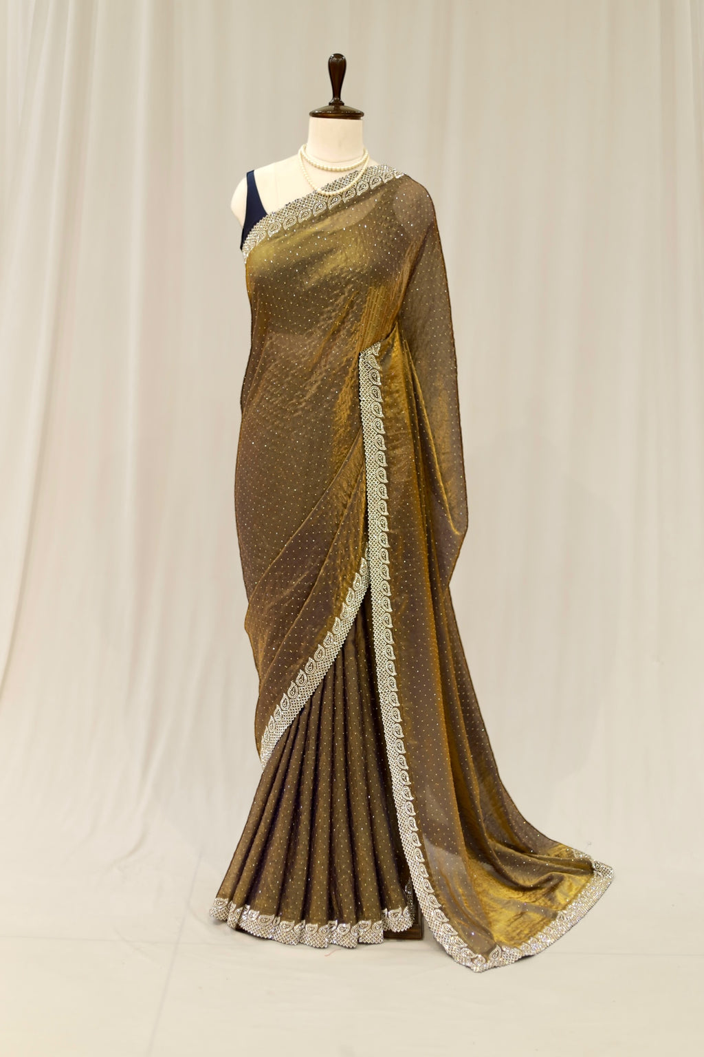 Golden fendy satin shimmer saree