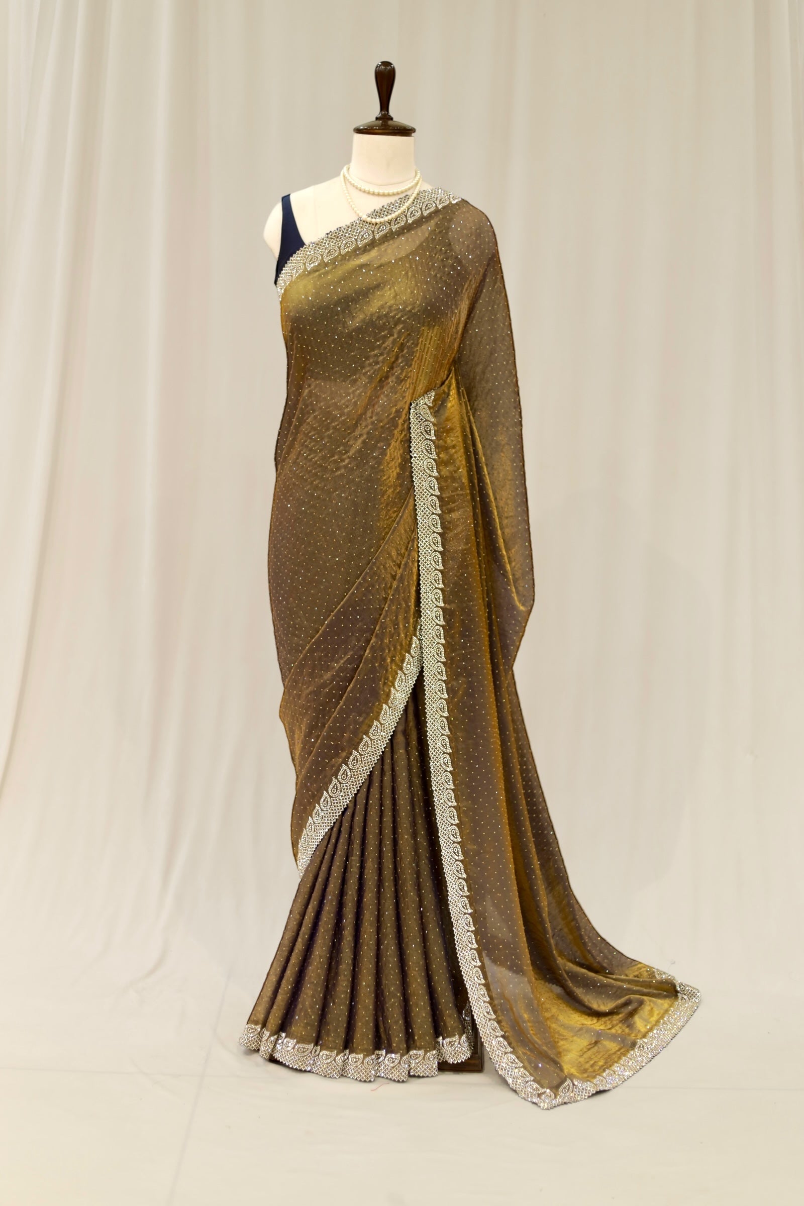 Golden fendy satin shimmer saree