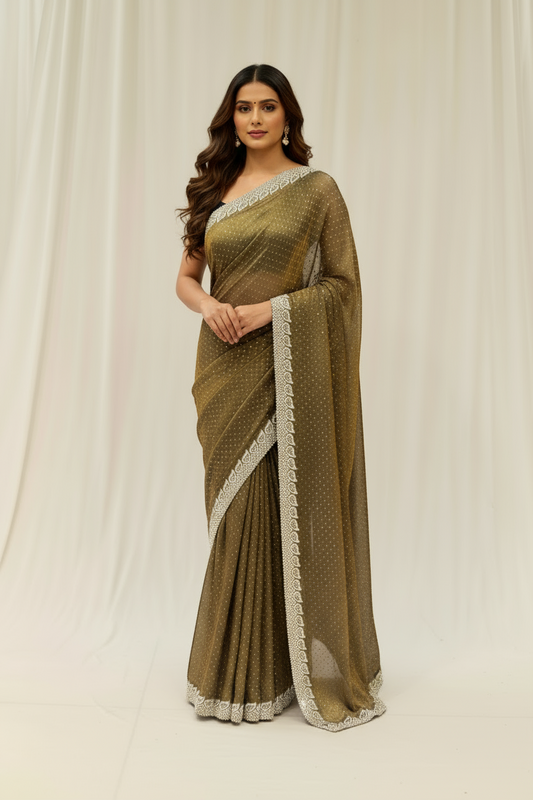 Golden fendy satin shimmer saree