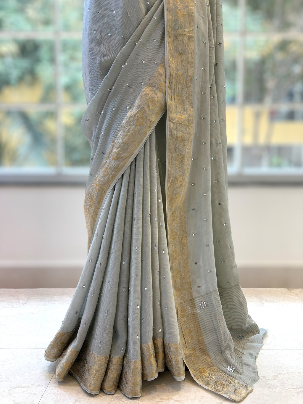 Marble chiffon mirror work saree - Grey