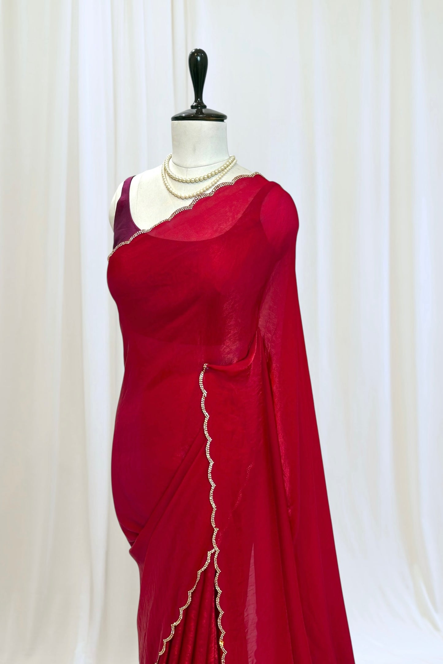 Crimson fendy satin embellished saree