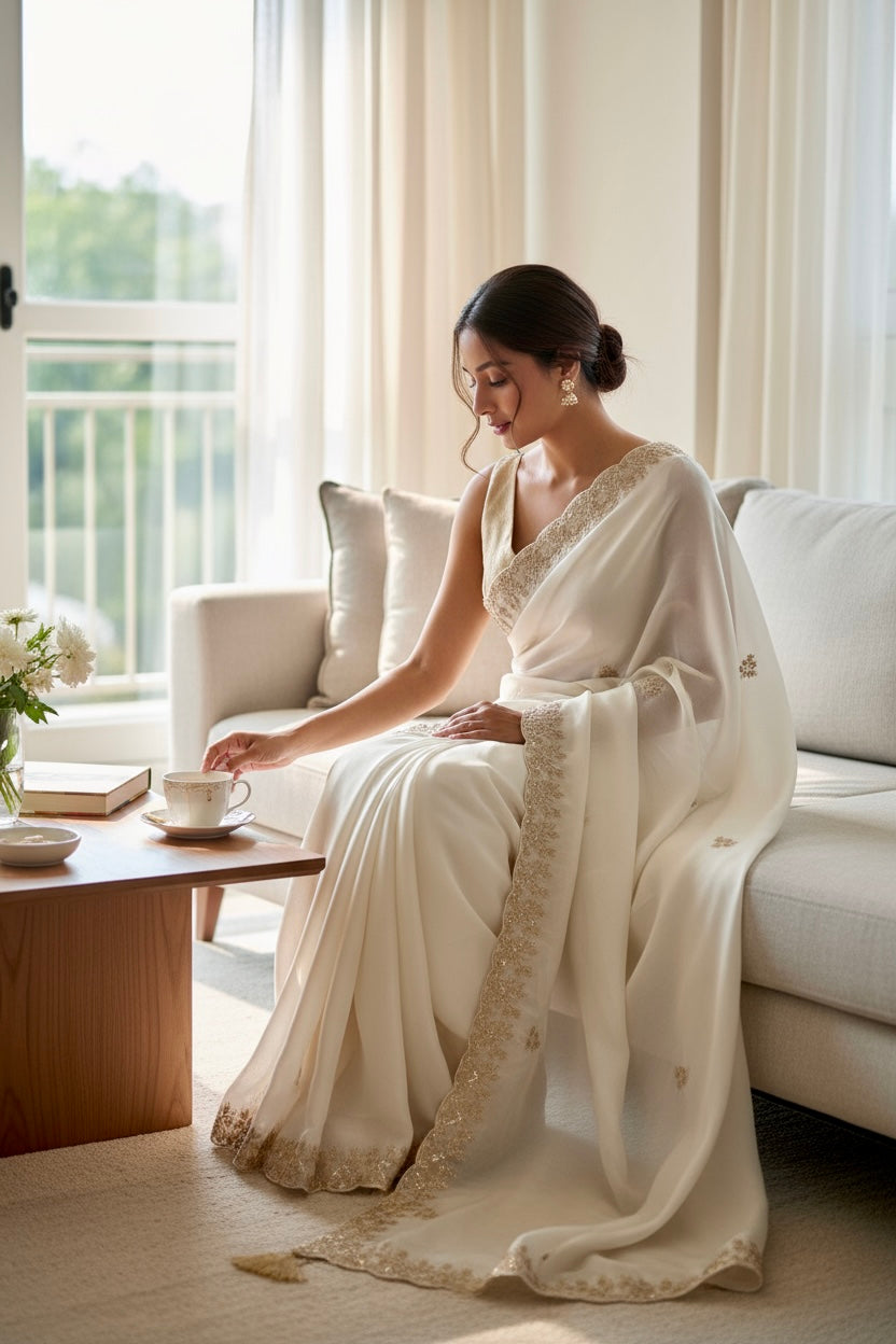 Satin chiffon aari work saree - White