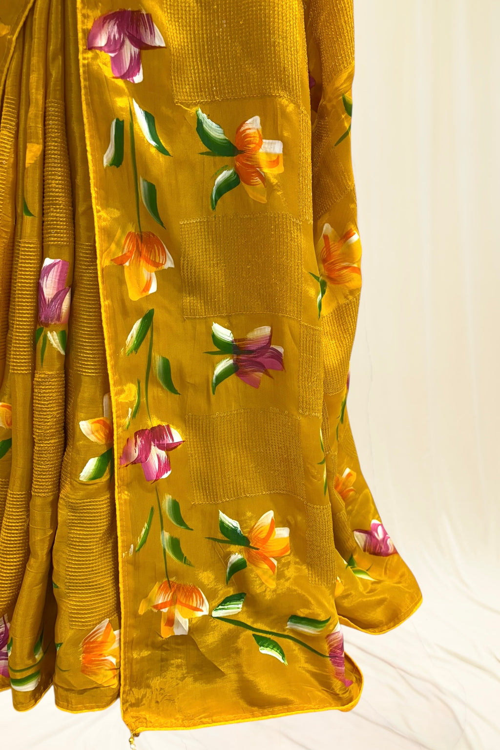 Floral sequins organza saree - Musturd