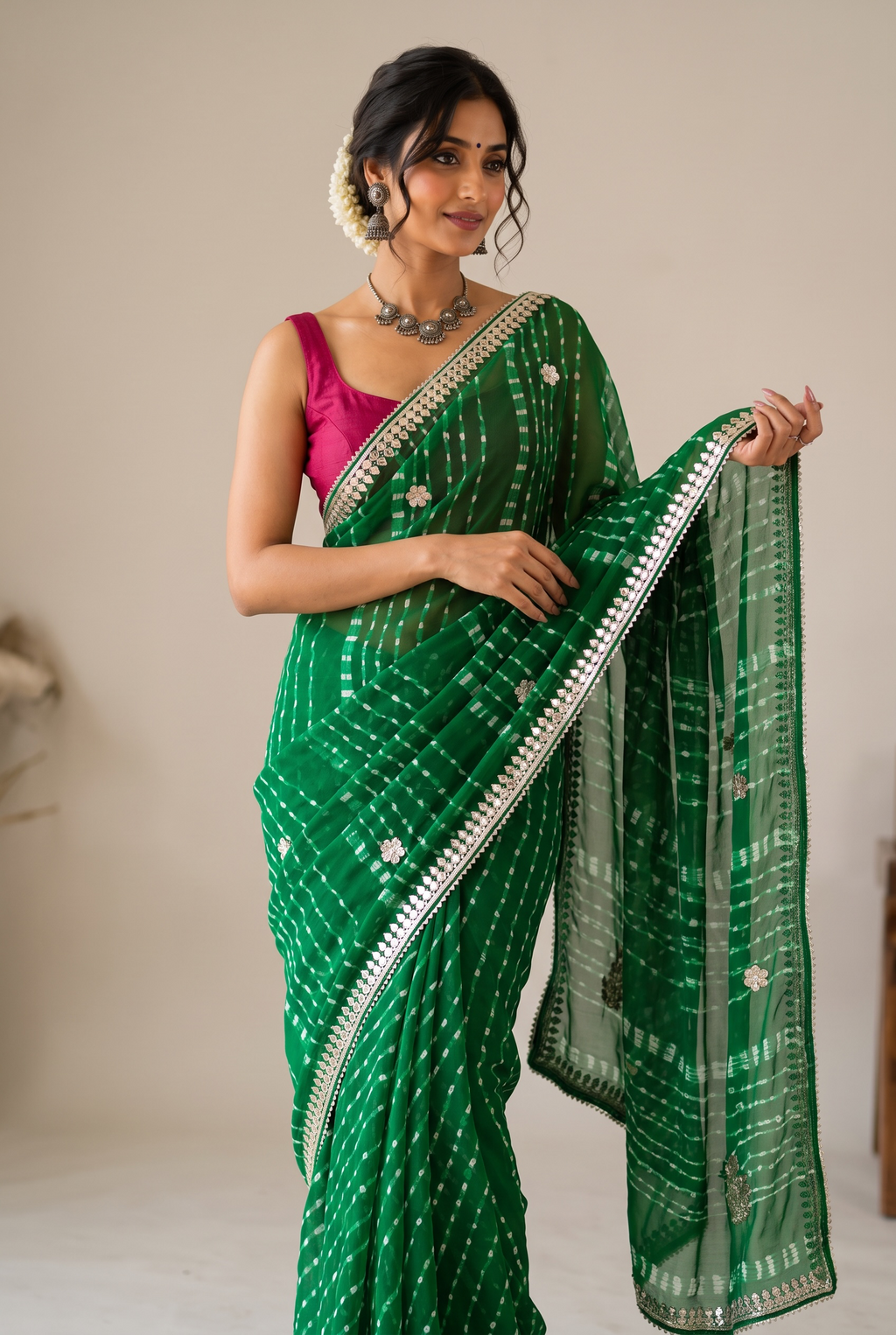 Georgette bandhani print gotta work saree - Bottle Green