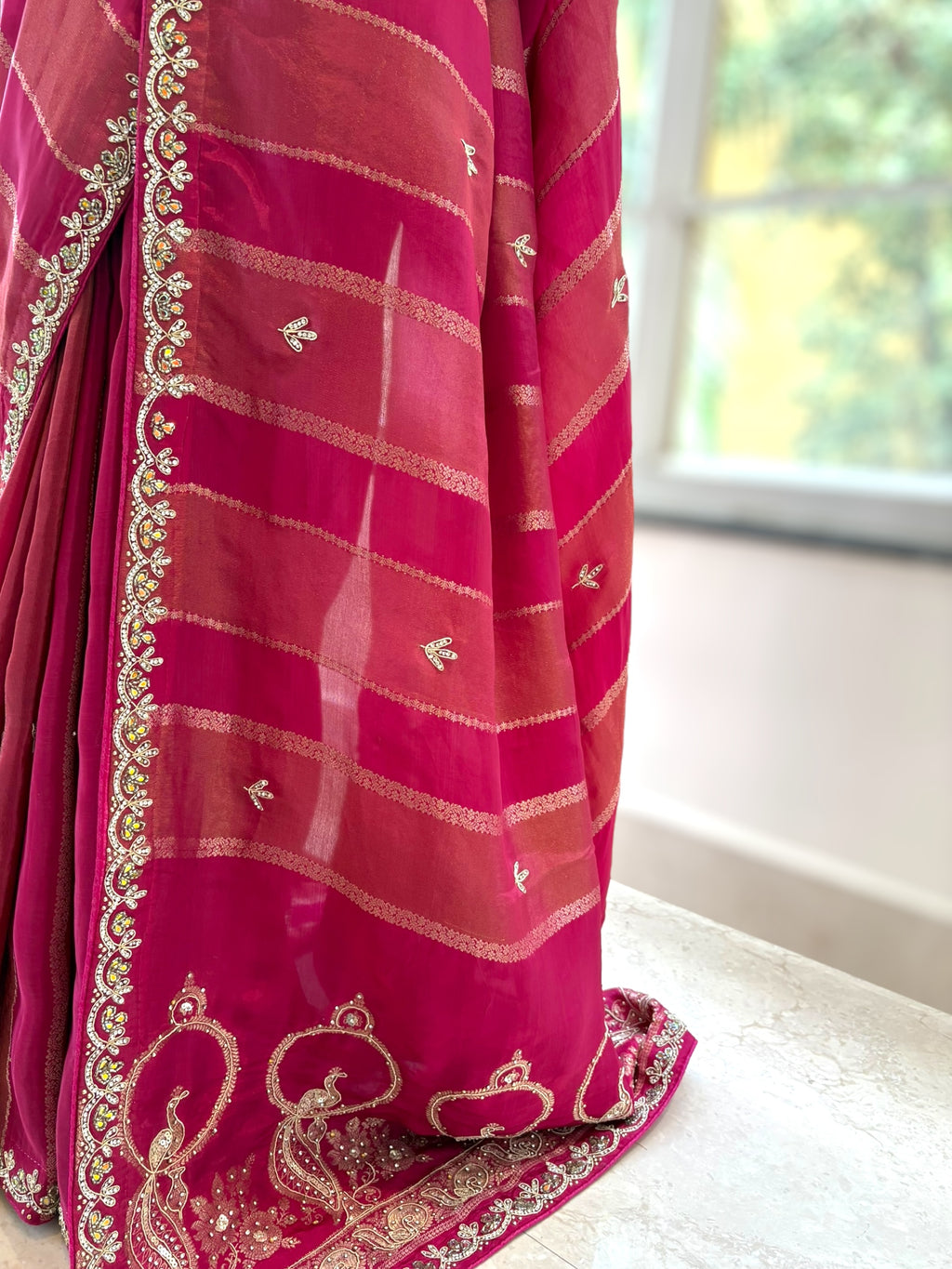Fuchsia pink pure dola silk saree