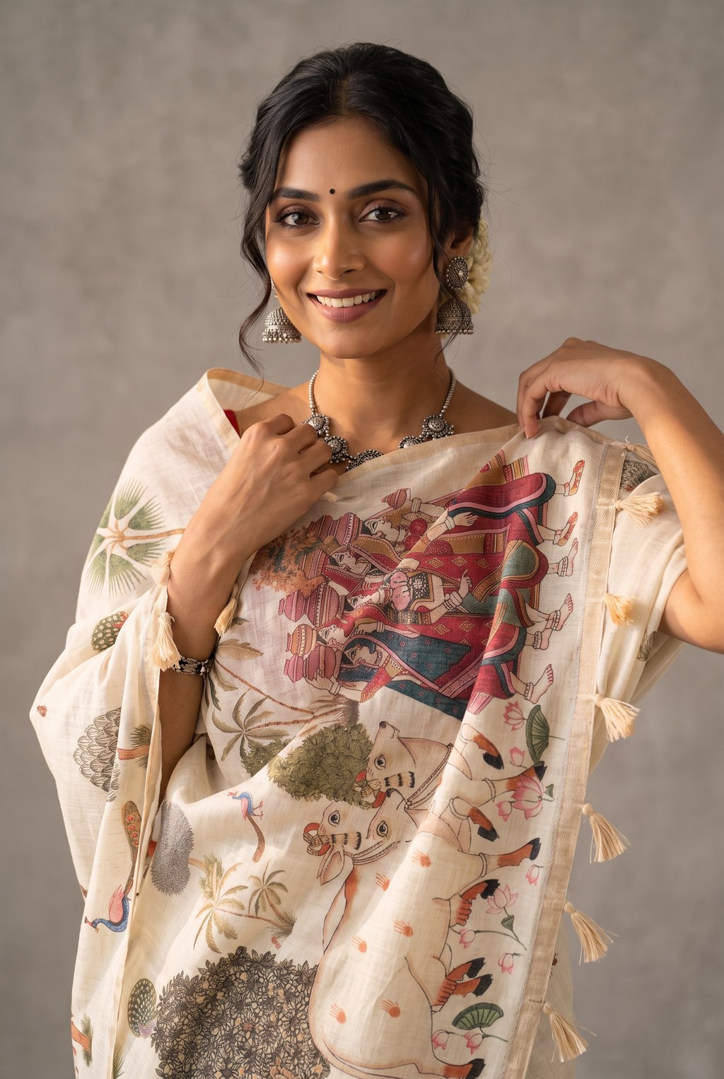 Beige printed soft cotton linen saree
