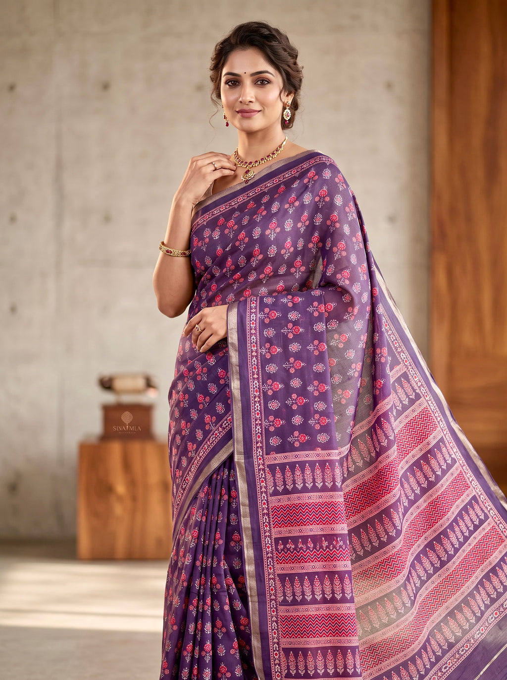 Soft muslin cotton saree - Purple