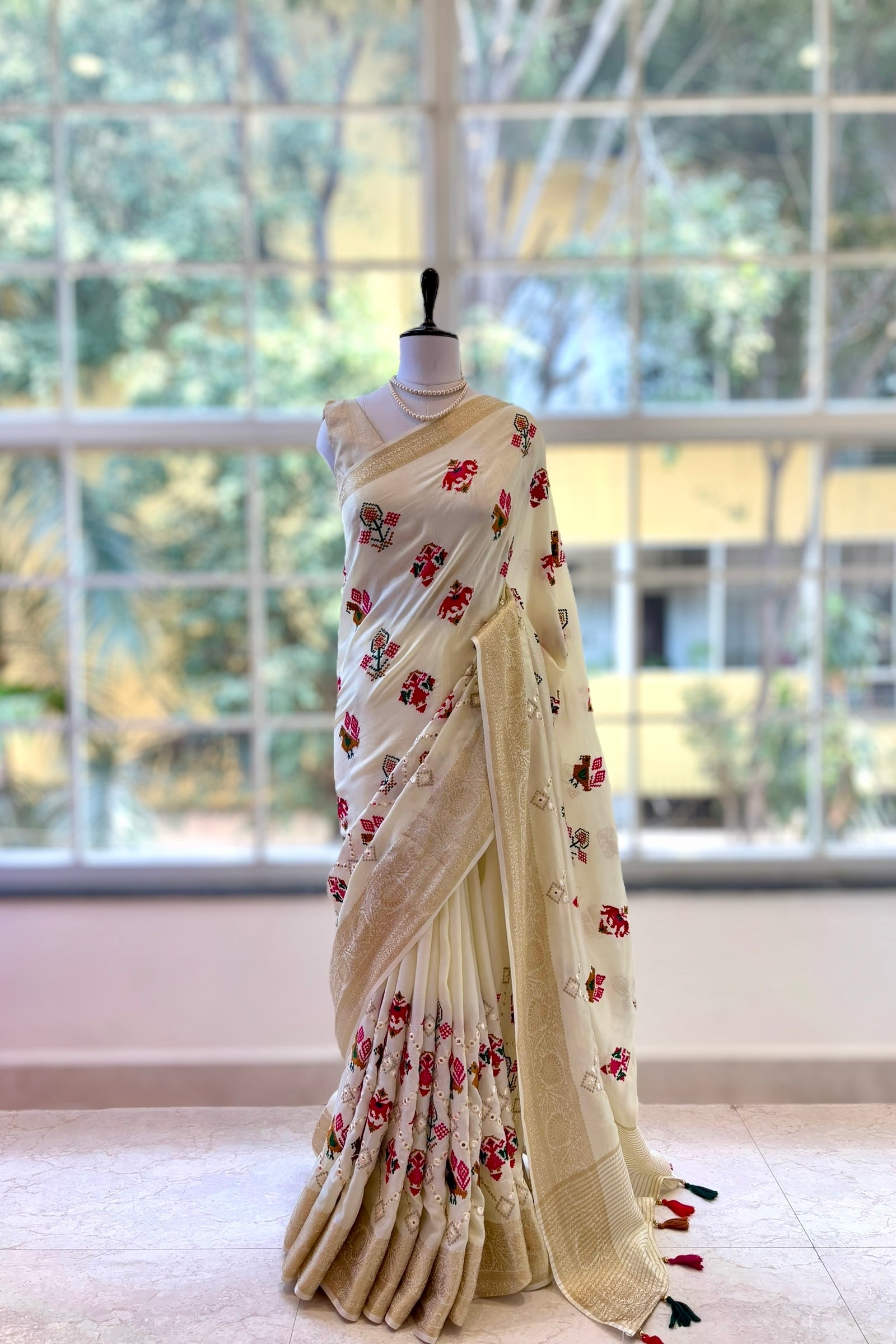 Pure resham patola mirror work saree - White