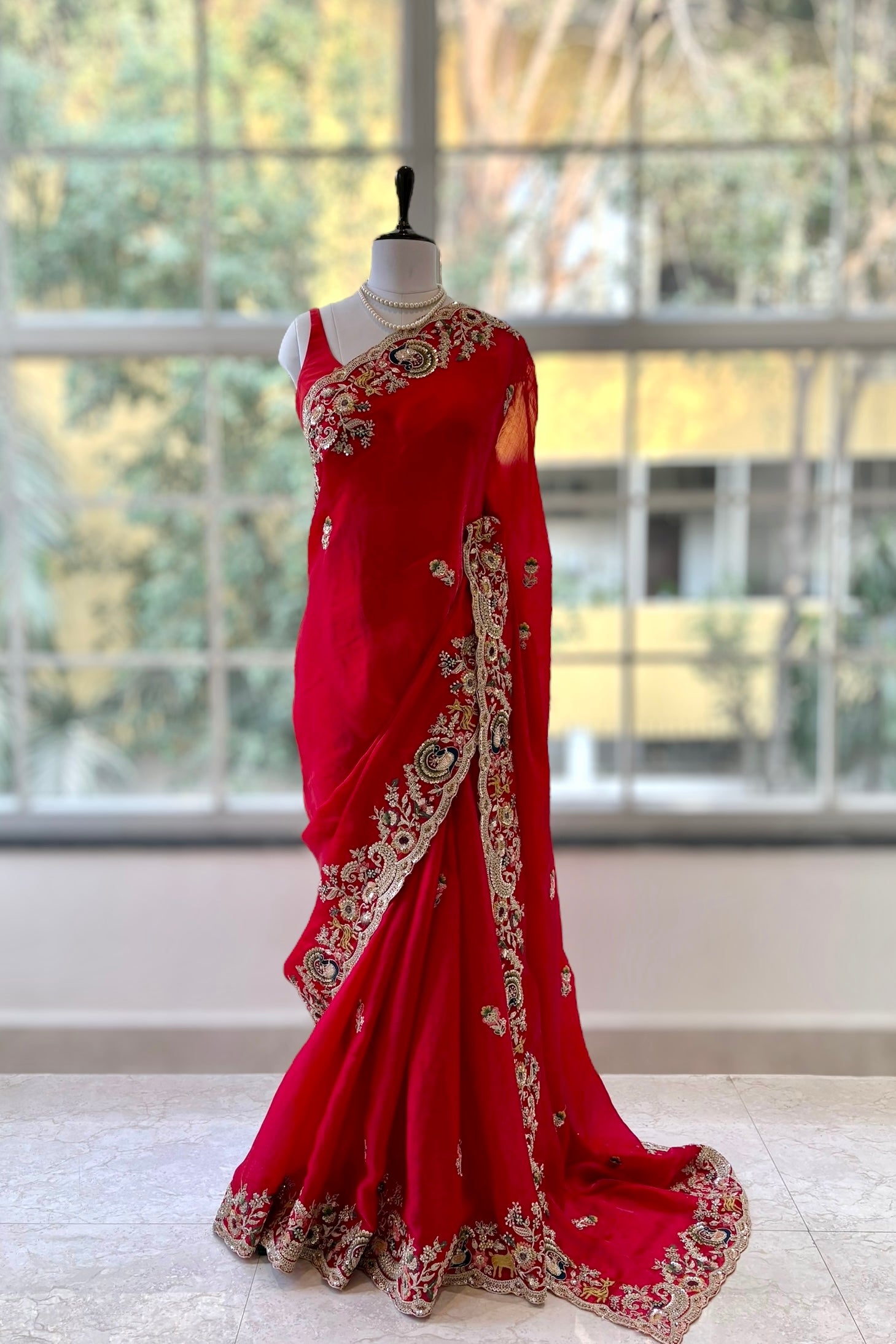 Red fendy satin designer work saree
