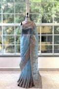 Blue Organza Embellished Saree