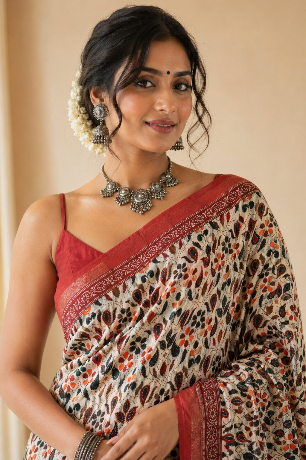 Soft muslin cotton saree - White