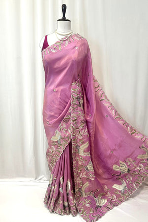 Tissue embroidered saree - Lavender