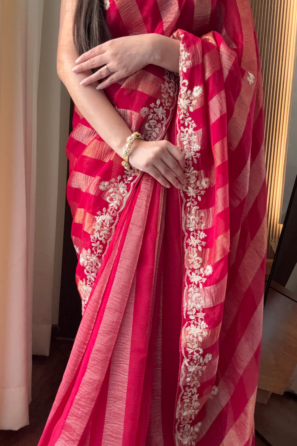 Red zari stipes aariwork saree