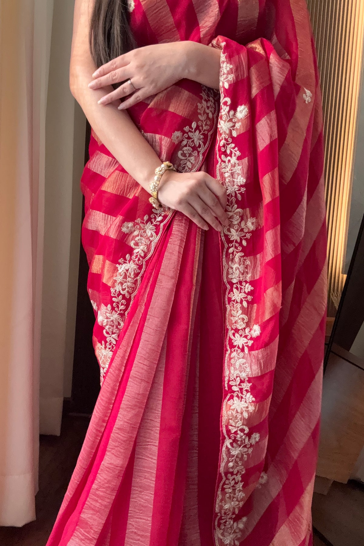 Red zari stipes aariwork saree