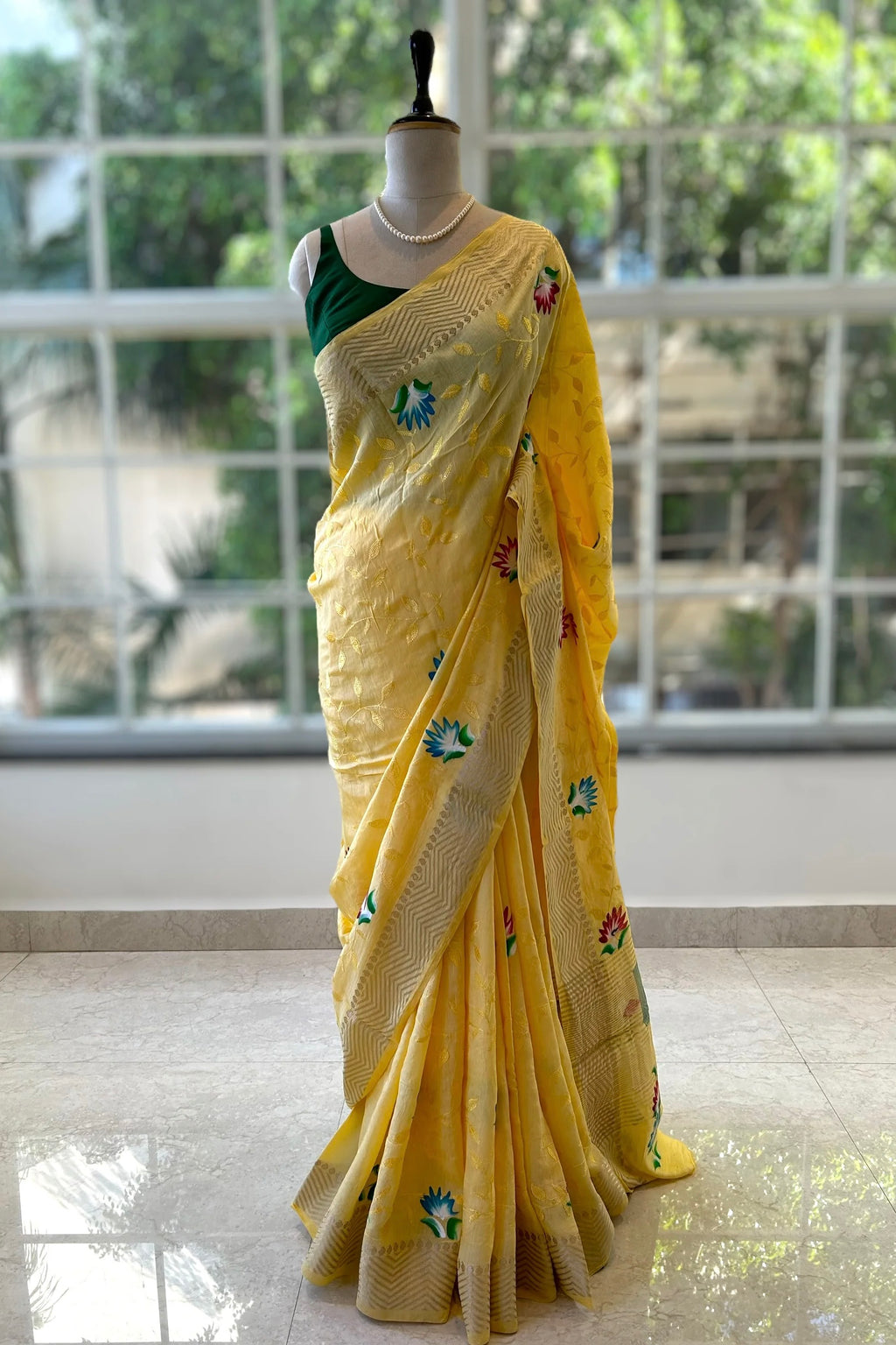 Yellow hand painted saree