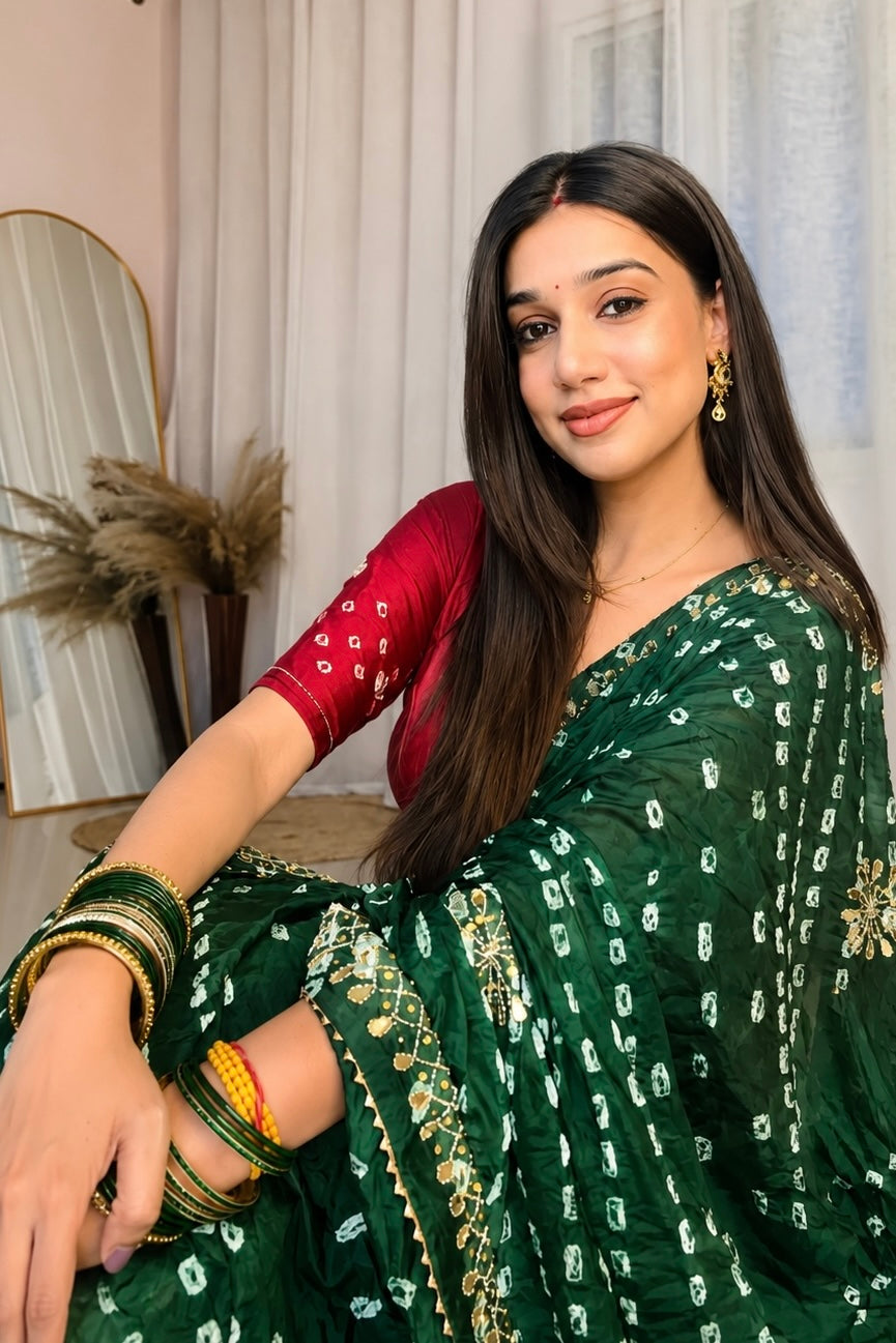 Pure viscose bandhani saree - Green